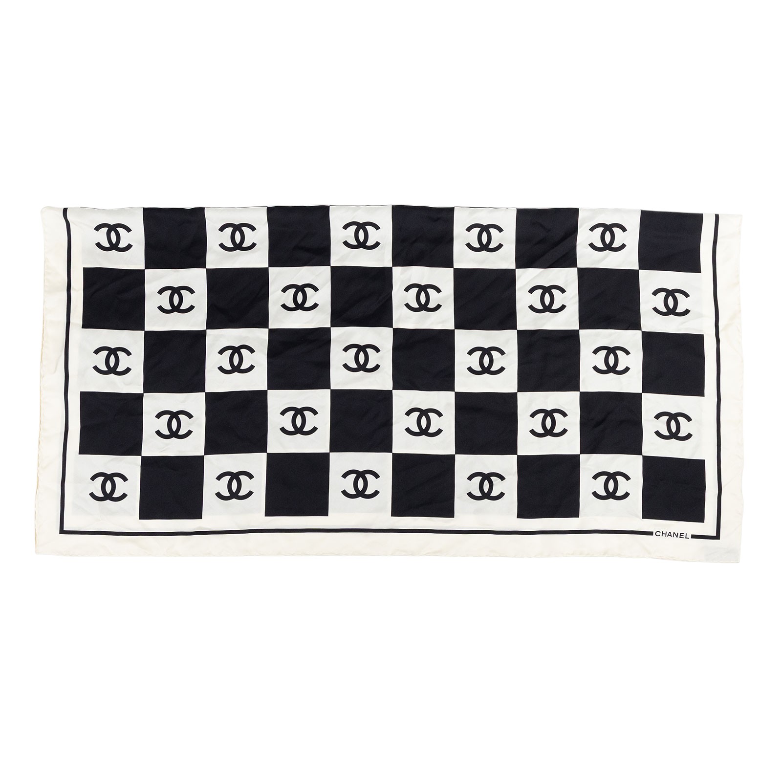 香奈兒 CHANEL CC LOGO 絲巾 方巾  黑白格紋雙C絲巾 原廠盒子