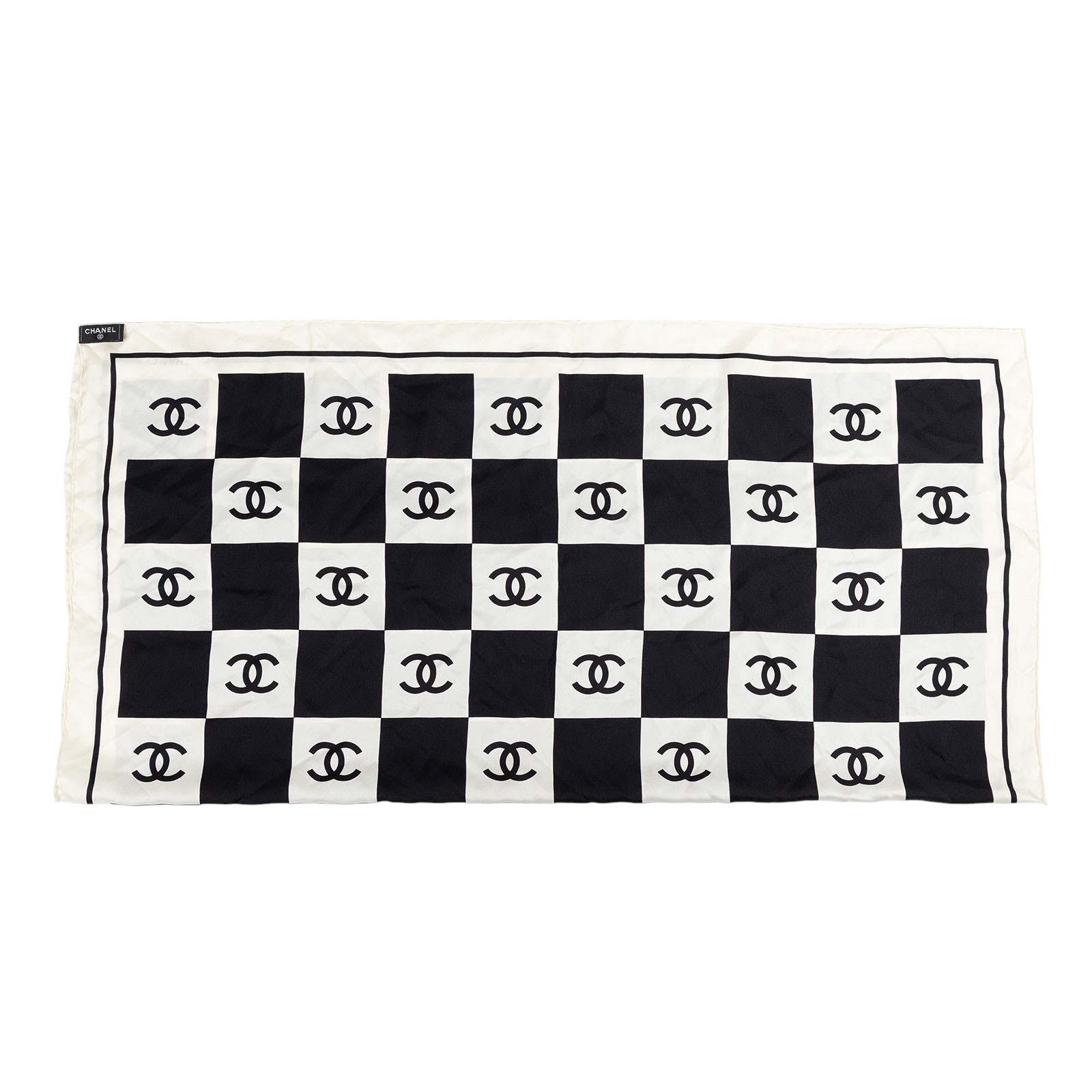 香奈兒 CHANEL CC LOGO 絲巾 方巾  黑白格紋雙C絲巾 原廠盒子