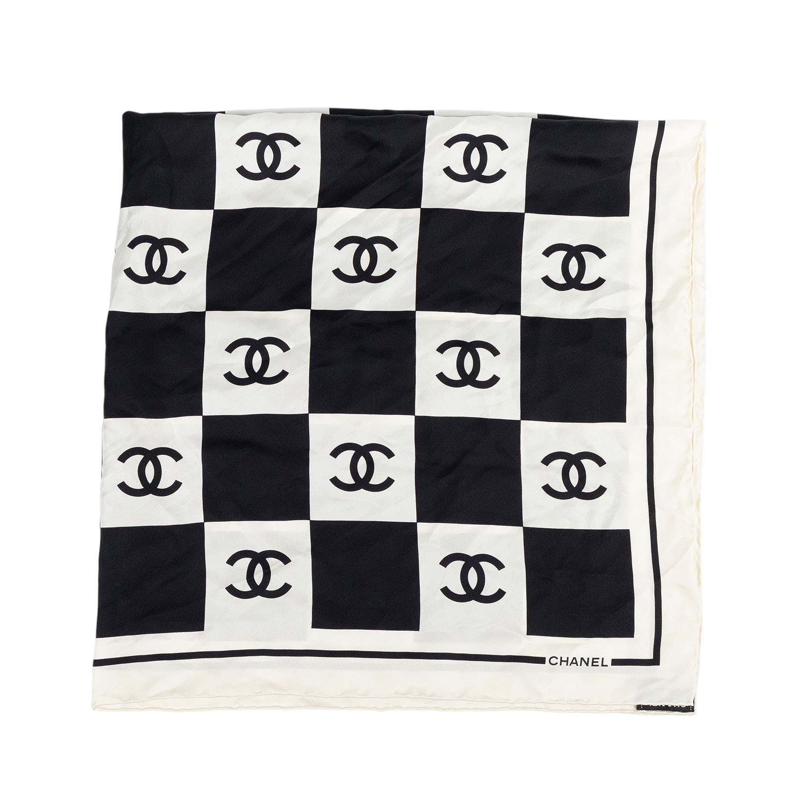 香奈兒 CHANEL CC LOGO 絲巾 方巾  黑白格紋雙C絲巾 原廠盒子