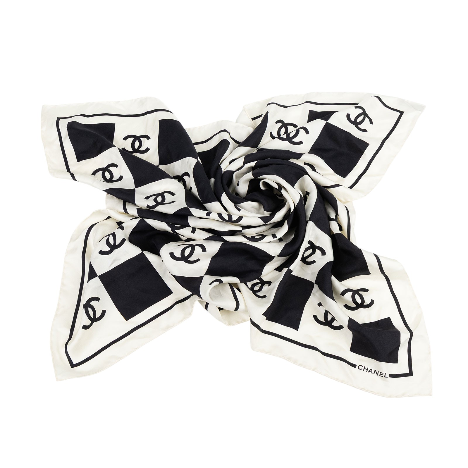香奈兒 CHANEL CC LOGO 絲巾 方巾  黑白格紋雙C絲巾 原廠盒子