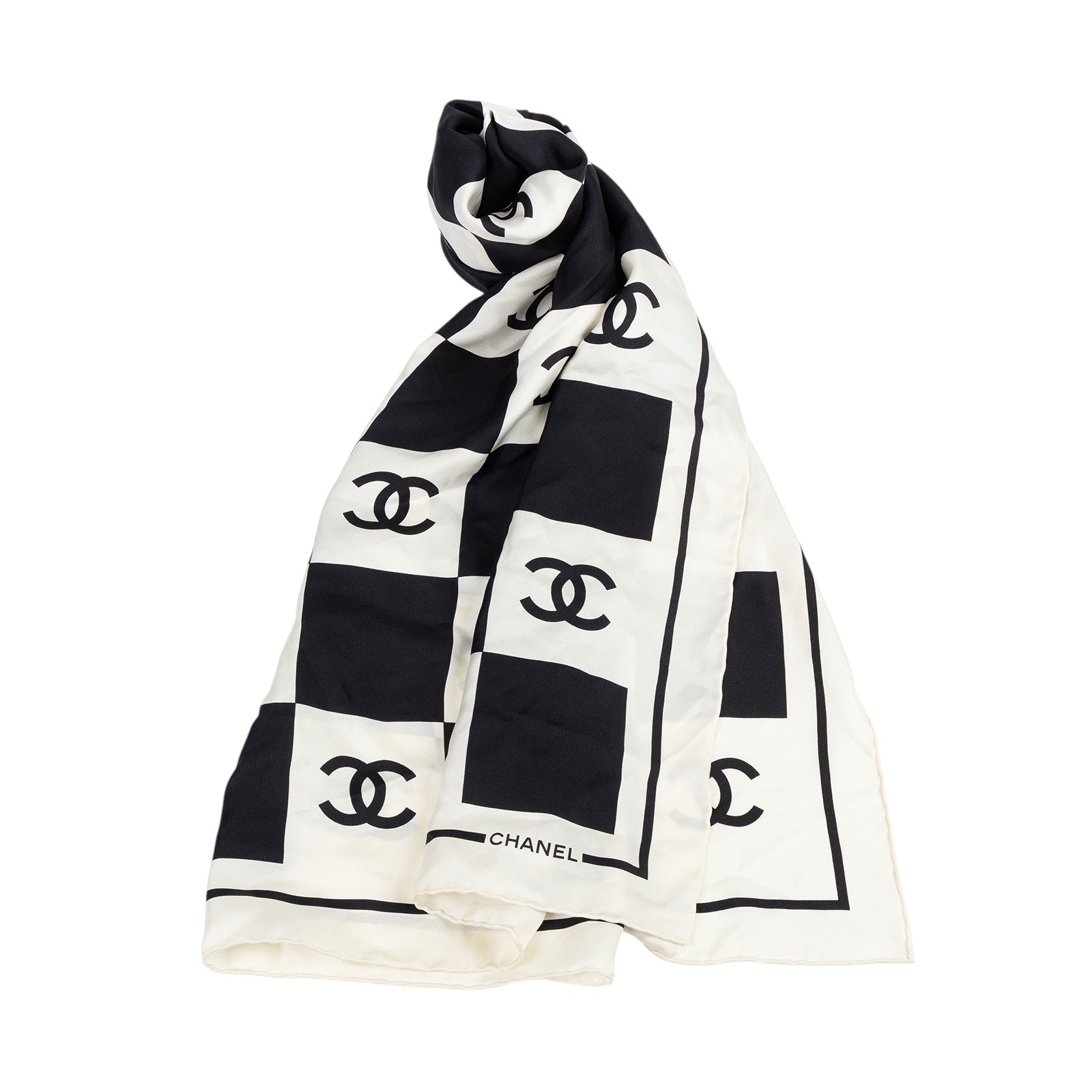 香奈兒 CHANEL CC LOGO 絲巾 方巾  黑白格紋雙C絲巾 原廠盒子