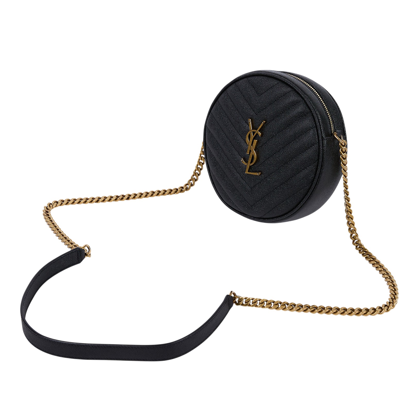 聖羅蘭 YSL SAINT LAURENT Vinyle 圓餅包 金色五金 610436E9096 黑金魚子醬圓餅包 防塵袋