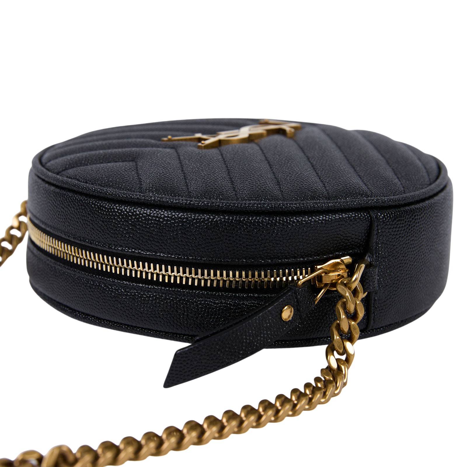 聖羅蘭 YSL SAINT LAURENT Vinyle 圓餅包 金色五金 610436E9096 黑金魚子醬圓餅包 防塵袋