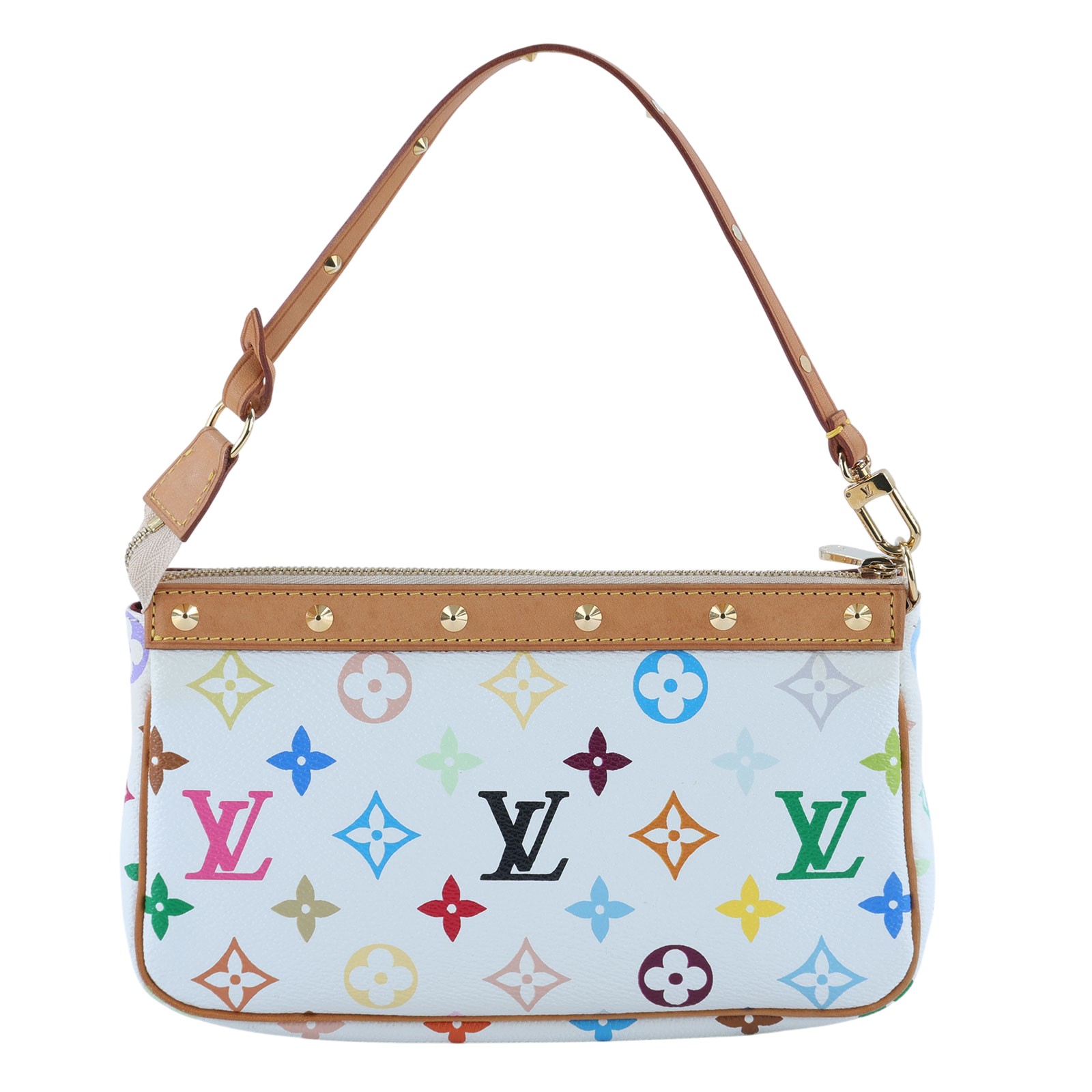 路易威登 LOUIS VUITTON Pochette Accessoires 手提包 村上隆聯名 M92649 白彩鉚釘肩背包 防塵袋