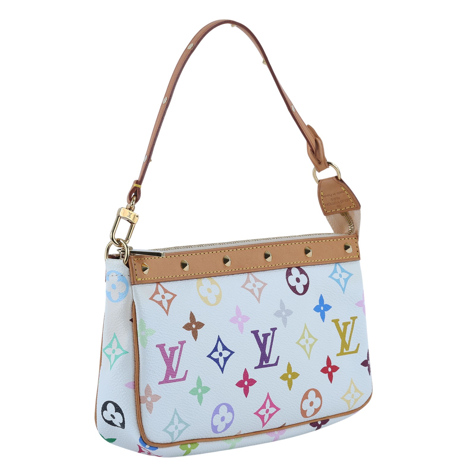 路易威登 LOUIS VUITTON Pochette Accessoires 手提包 村上隆聯名 M92649 白彩鉚釘肩背包 防塵袋