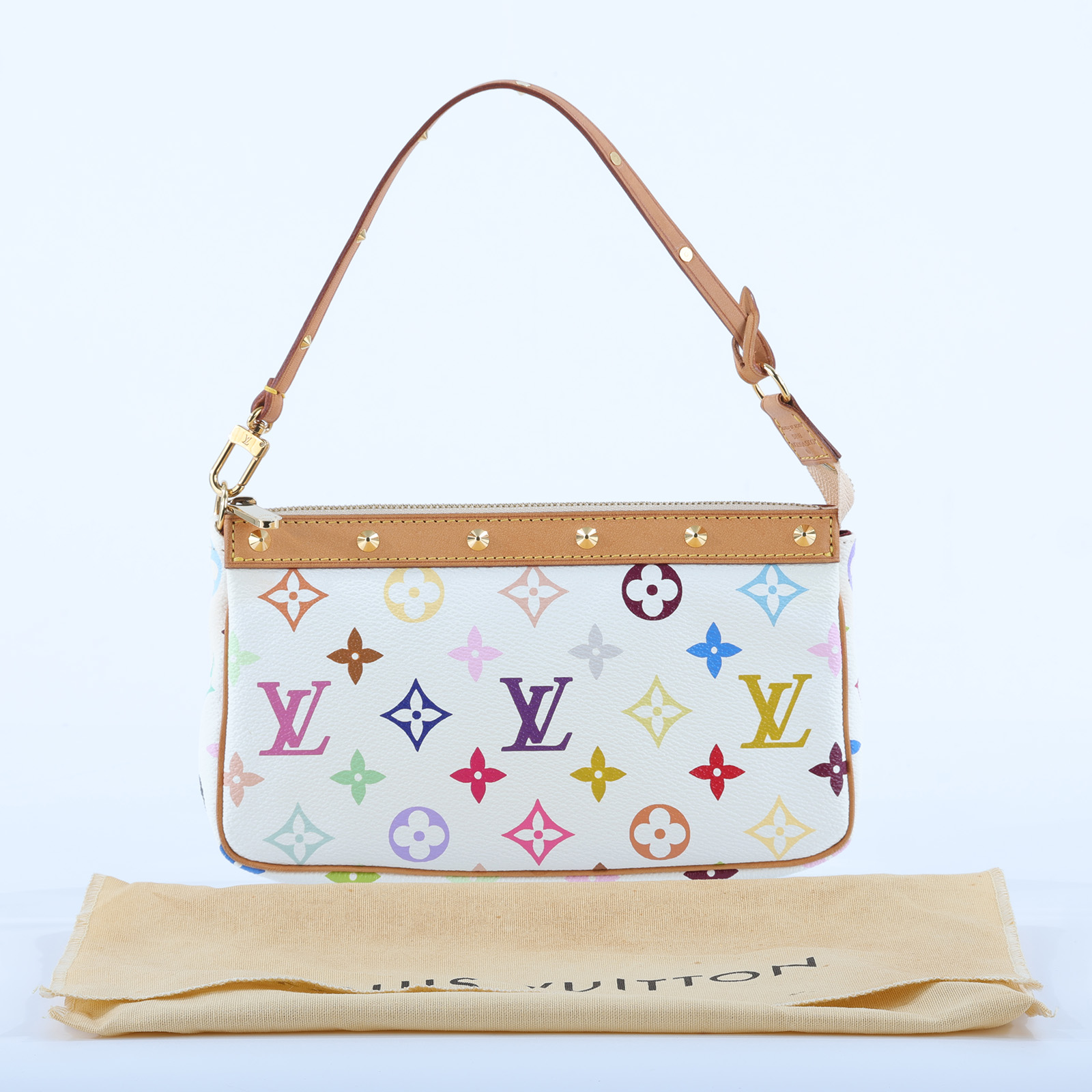 路易威登 LOUIS VUITTON Pochette Accessoires 手提包 村上隆聯名 M92649 白彩鉚釘肩背包 防塵袋