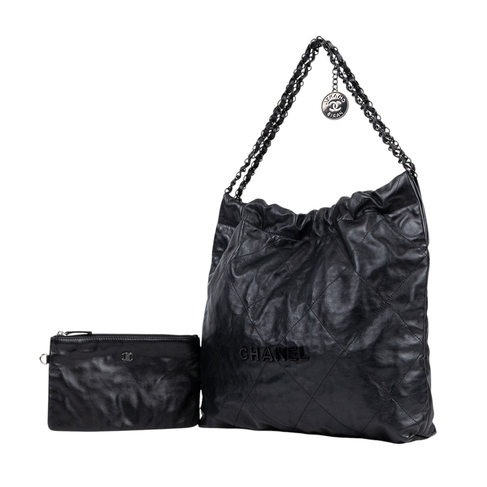 香奈兒 CHANEL 22 小型 束口包 AS3260 晶片款 黑SO BLACK 22包 小號 　角擦 防塵袋(邊角擦傷)