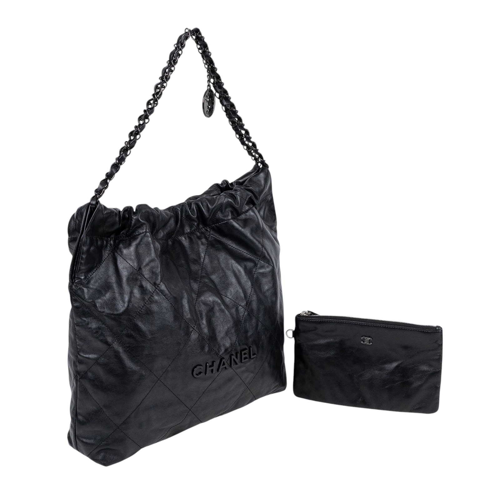 香奈兒 CHANEL 22 小型 束口包 AS3260 晶片款 黑SO BLACK 22包 小號 　角擦 防塵袋(邊角擦傷)