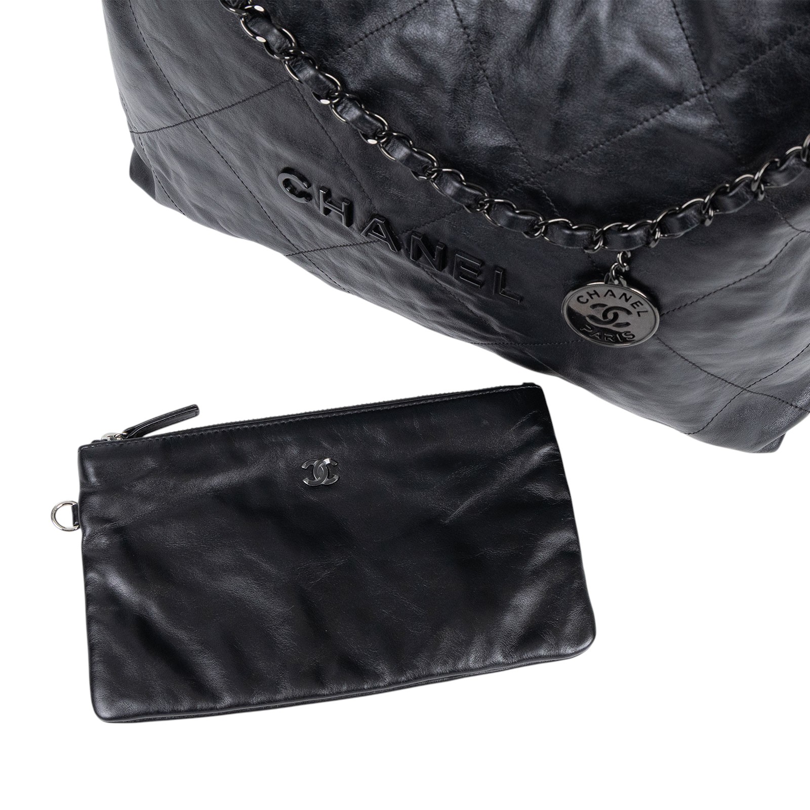 香奈兒 CHANEL 22 小型 束口包 AS3260 晶片款 黑SO BLACK 22包 小號 　角擦 防塵袋(邊角擦傷)