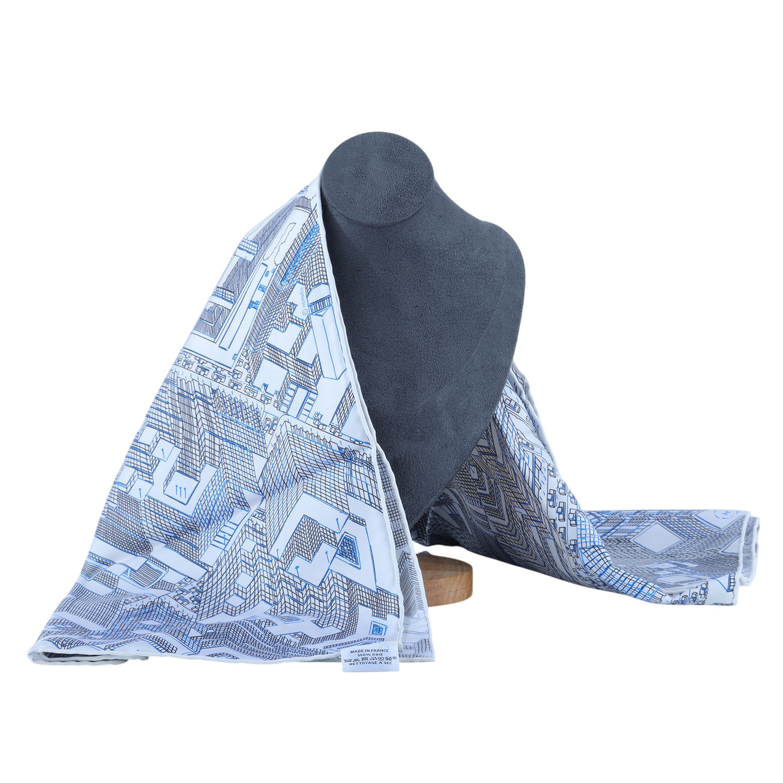 愛馬仕 Hermes Pantin City scarf 90 絲巾   白底藍黑線條絲巾 原廠盒子