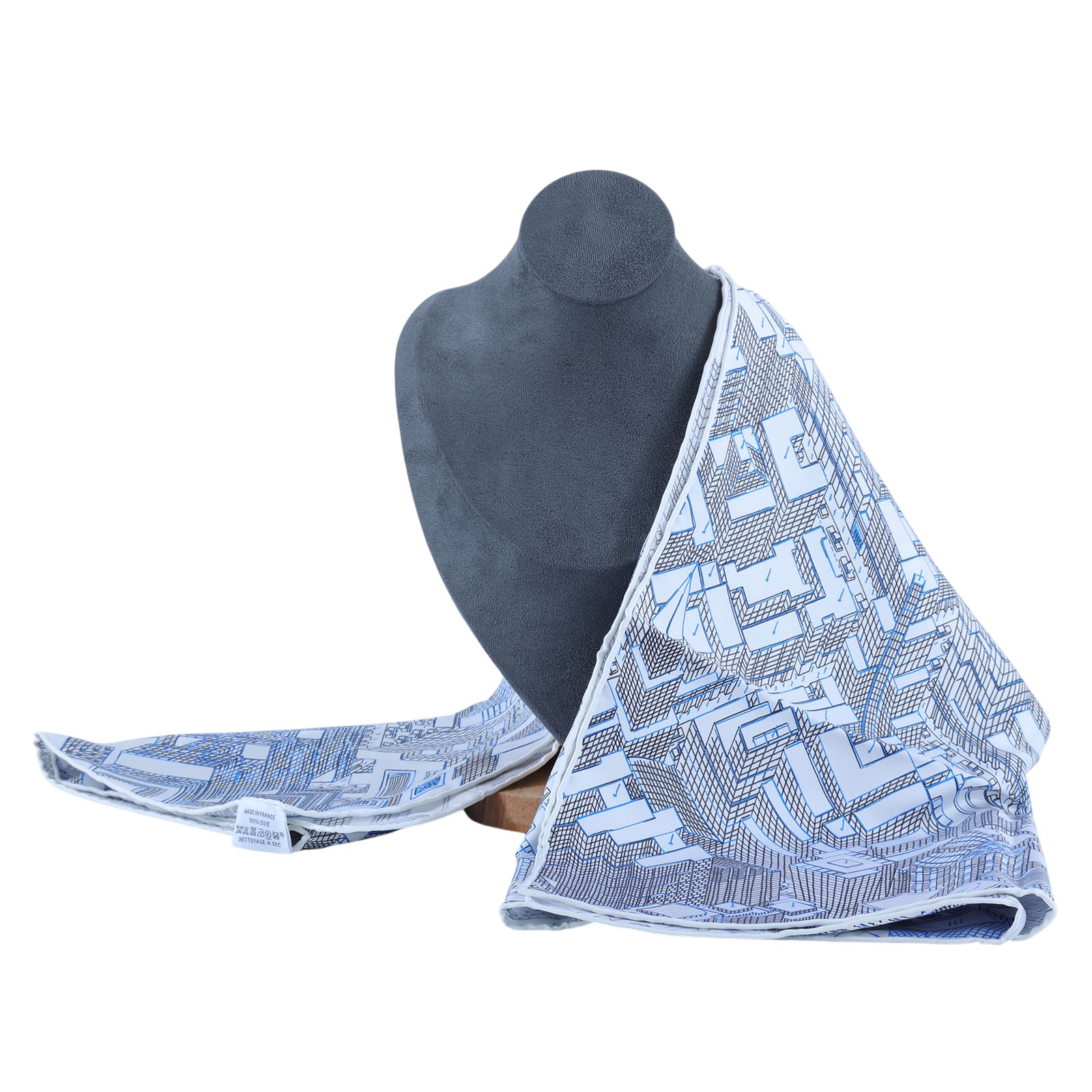 愛馬仕 Hermes Pantin City scarf 90 絲巾   白底藍黑線條絲巾 原廠盒子