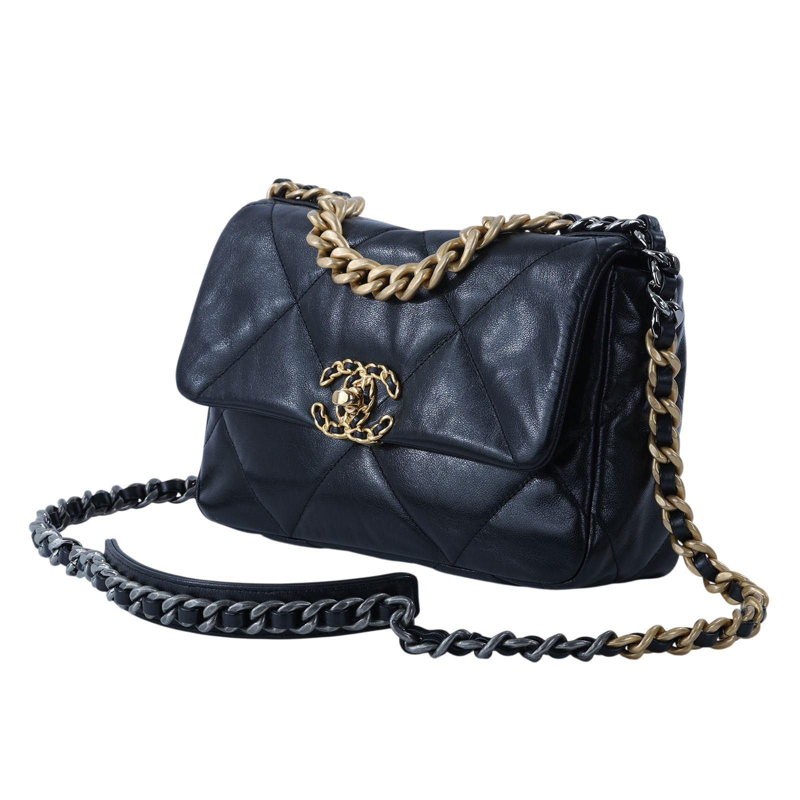 香奈兒 CHANEL 19 口蓋包 菱格紋 金銀鍊帶 手提 肩背包 AS1160 B03215 29開 黑金19包 26CM 防塵袋/原廠盒子/購買證明/保證卡