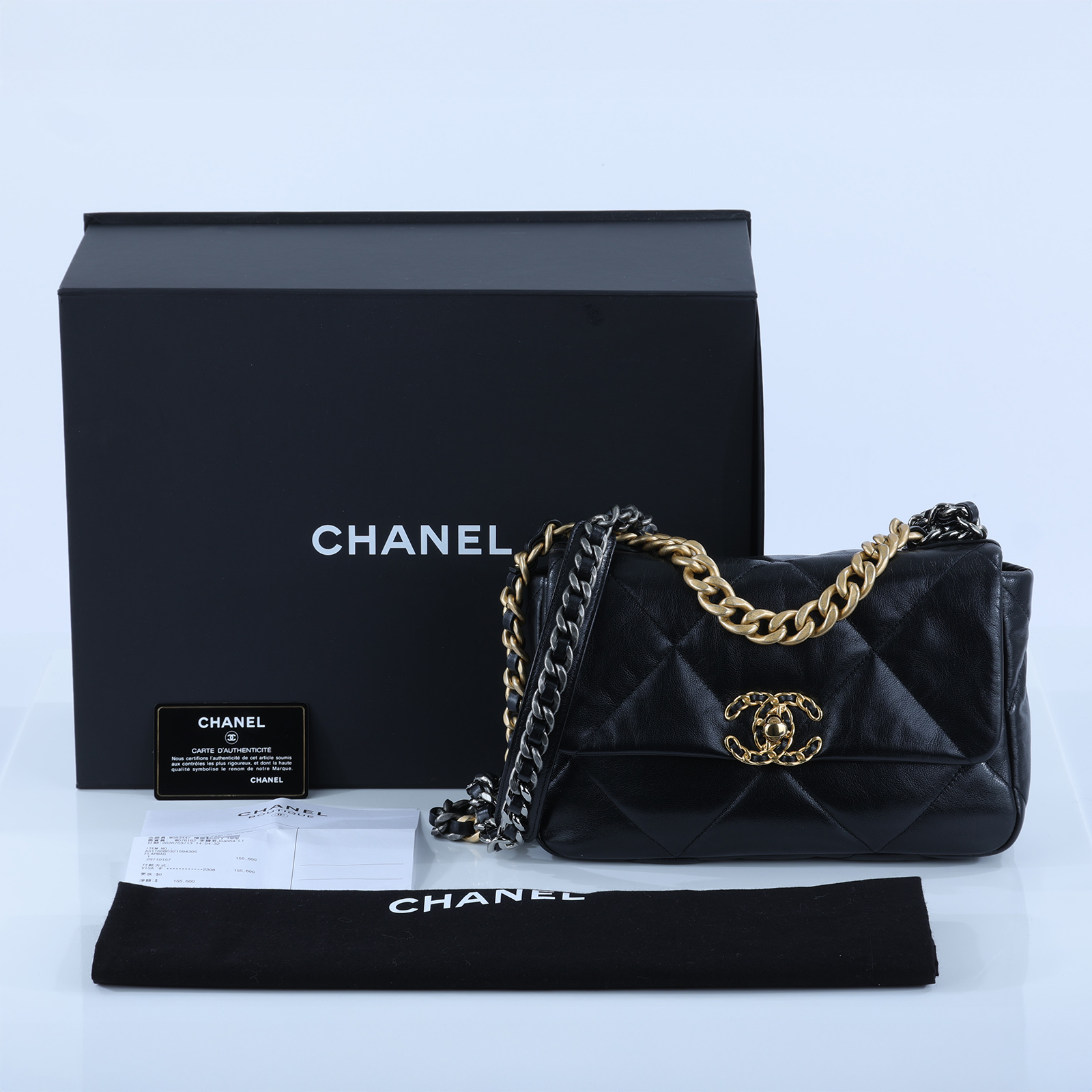 香奈兒 CHANEL 19 口蓋包 菱格紋 金銀鍊帶 手提 肩背包 AS1160 B03215 29開 黑金19包 26CM 防塵袋/原廠盒子/購買證明/保證卡
