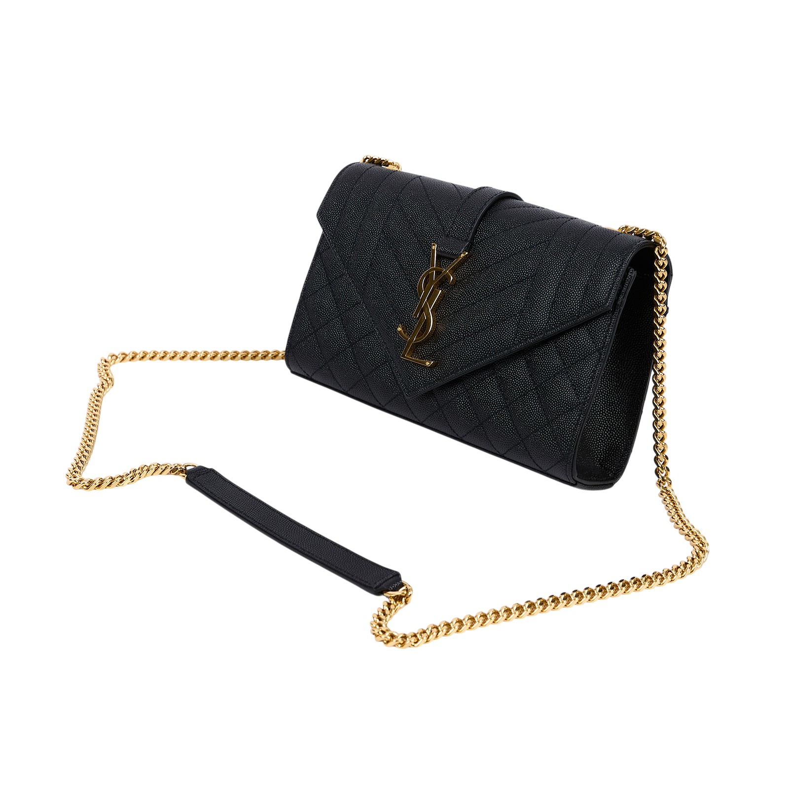 聖羅蘭 YSL SAINT LAURENT Envelope 粒面絎縫皮革 小型 信封袋 600195BOW91 黑金荔枝鍊條信封包 防塵袋/購買證明