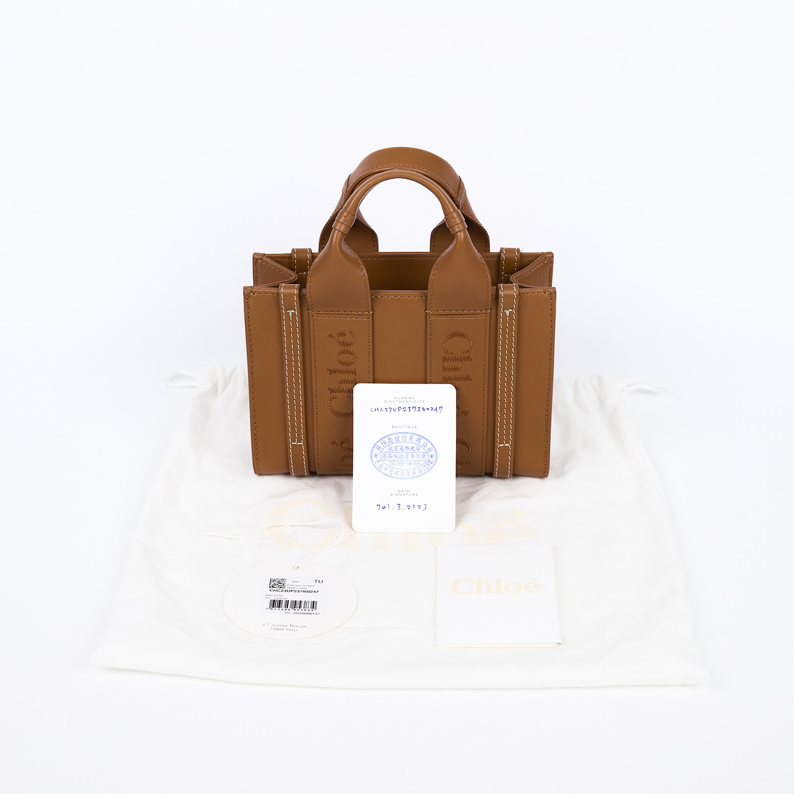 蔻依 CHLOE Mini Woody 手提包 焦糖色 CHC23UP237I60247 焦糖皮革WOODY MINI 防塵袋