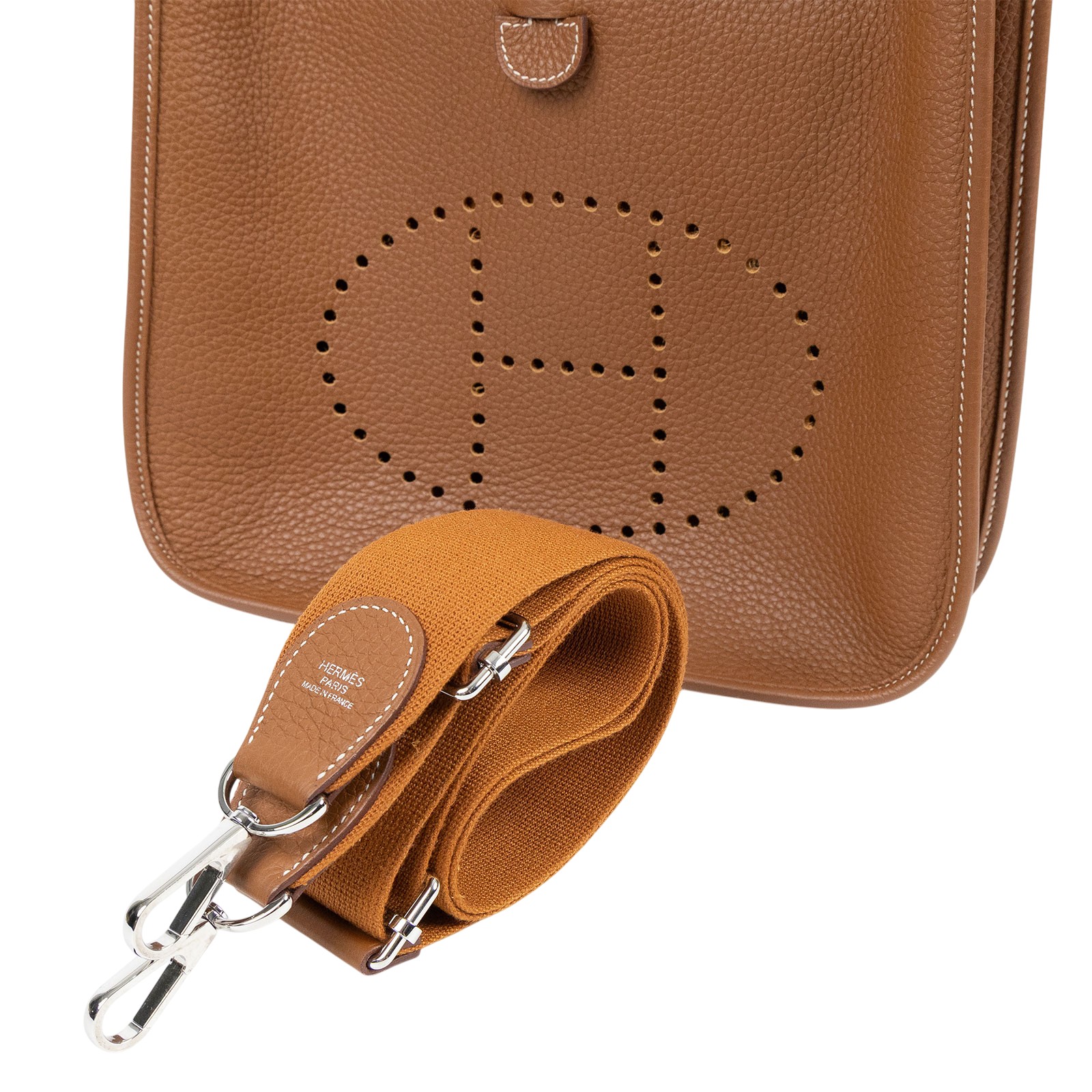 愛馬仕 Hermes Evelyne Bag 伊芙琳包 29 馬蹄型 銀色五金 金棕 H056277CK37 B刻  原廠盒子/防塵袋/背帶/購買證明影本