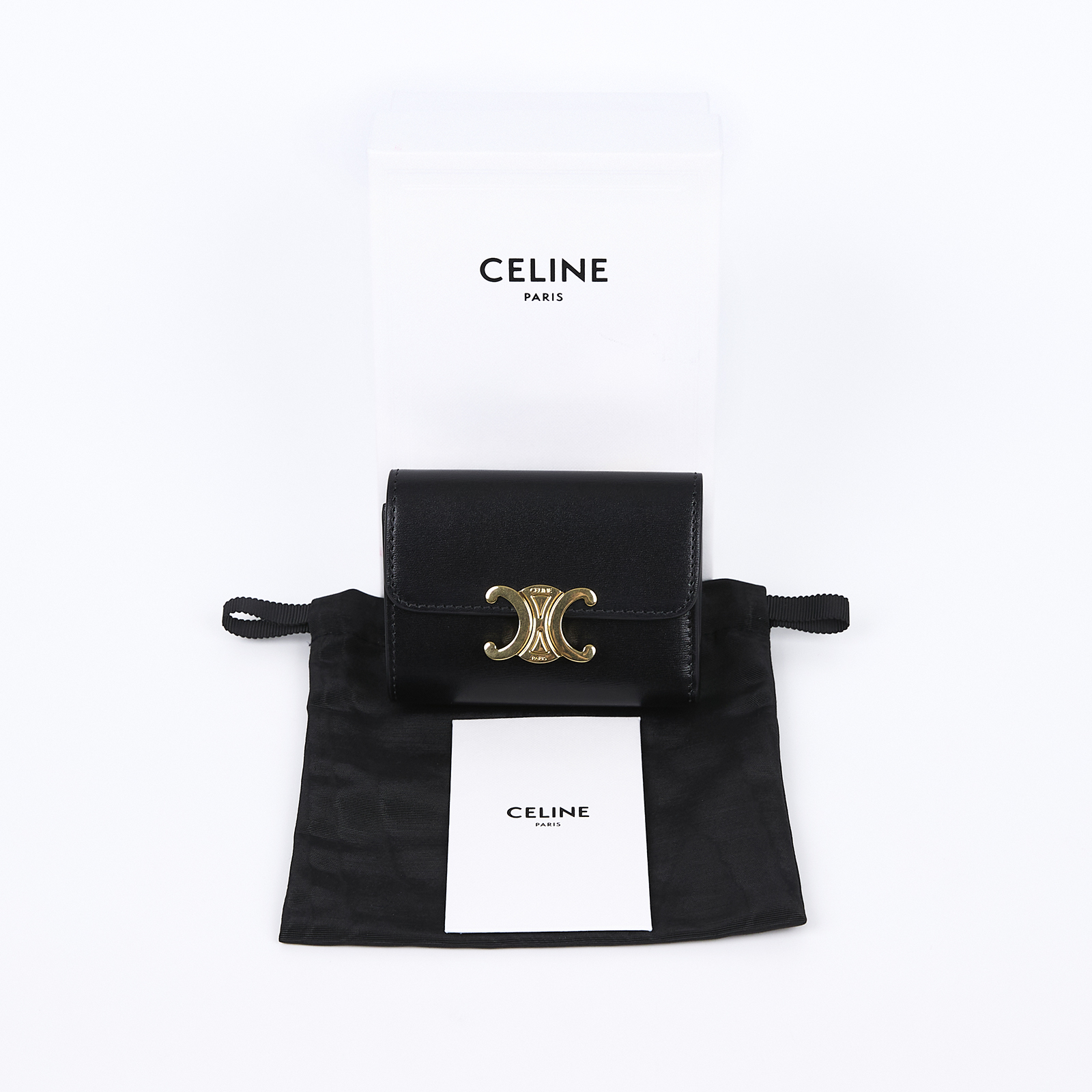 思琳 CELINE 亮面牛皮革 TRIOMPHE COMPACT 銀包連零錢格 10I653DPV 黑金凱旋短夾 原廠盒子/防塵袋