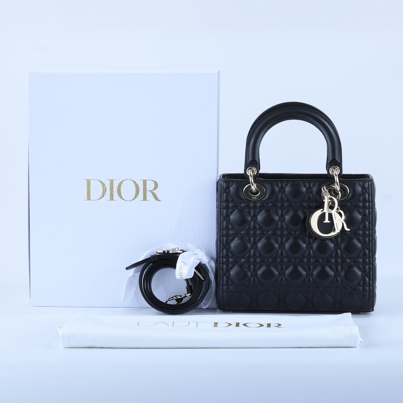 迪奧 CHRISTIAN DIOR Lady Dior 中型 肩背 斜背 手提包 M0565ONGE 黑LADY DIOR 5X5 原廠盒子/防塵袋