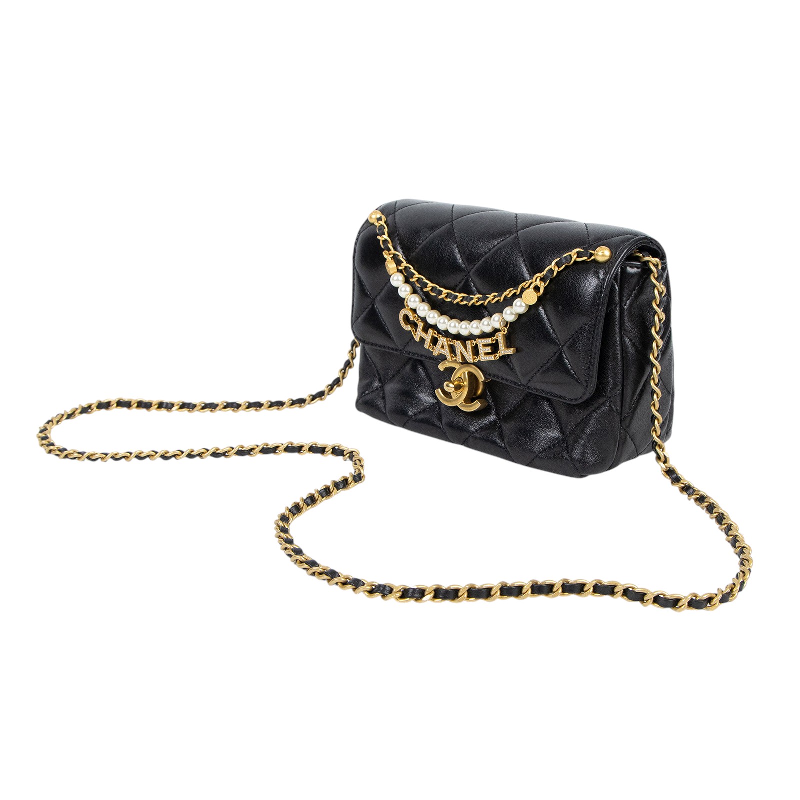 香奈兒 CHANEL 24A CF 珍珠鏈 鑽石logo鏈條 肩背包 口蓋包 黑金 羊皮 斜挎 單肩 黑色 AS4986 B17360 黑珍珠鍊COCO20 　邊角擦傷 原廠盒子/防塵袋