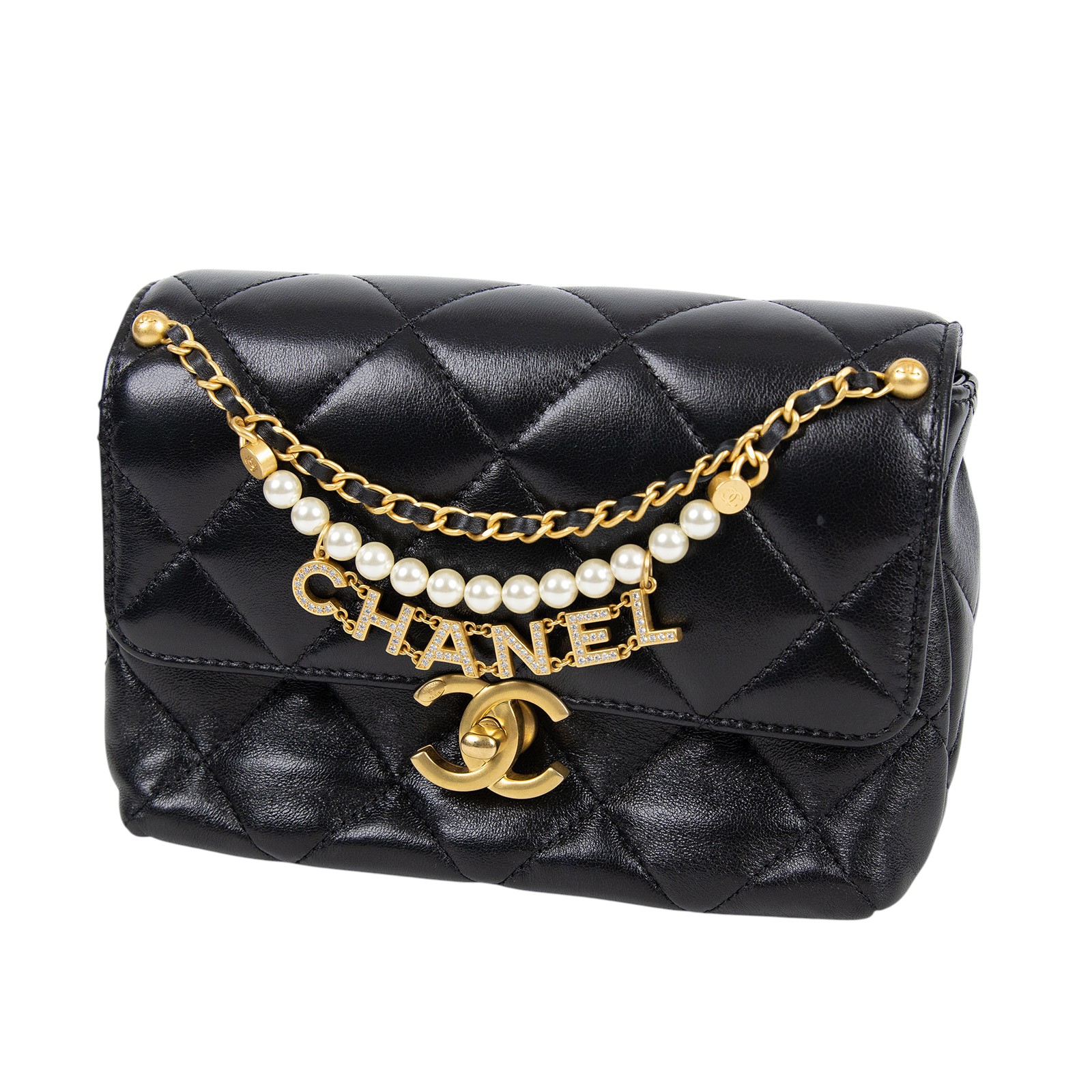 香奈兒 CHANEL 24A CF 珍珠鏈 鑽石logo鏈條 肩背包 口蓋包 黑金 羊皮 斜挎 單肩 黑色 AS4986 B17360 黑珍珠鍊COCO20 　邊角擦傷 原廠盒子/防塵袋