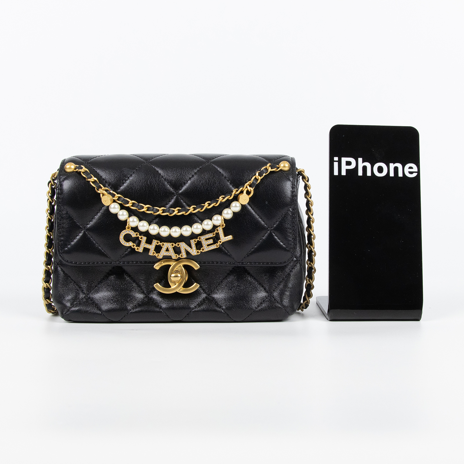 香奈兒 CHANEL 24A CF 珍珠鏈 鑽石logo鏈條 肩背包 口蓋包 黑金 羊皮 斜挎 單肩 黑色 AS4986 B17360 黑珍珠鍊COCO20 　邊角擦傷 原廠盒子/防塵袋