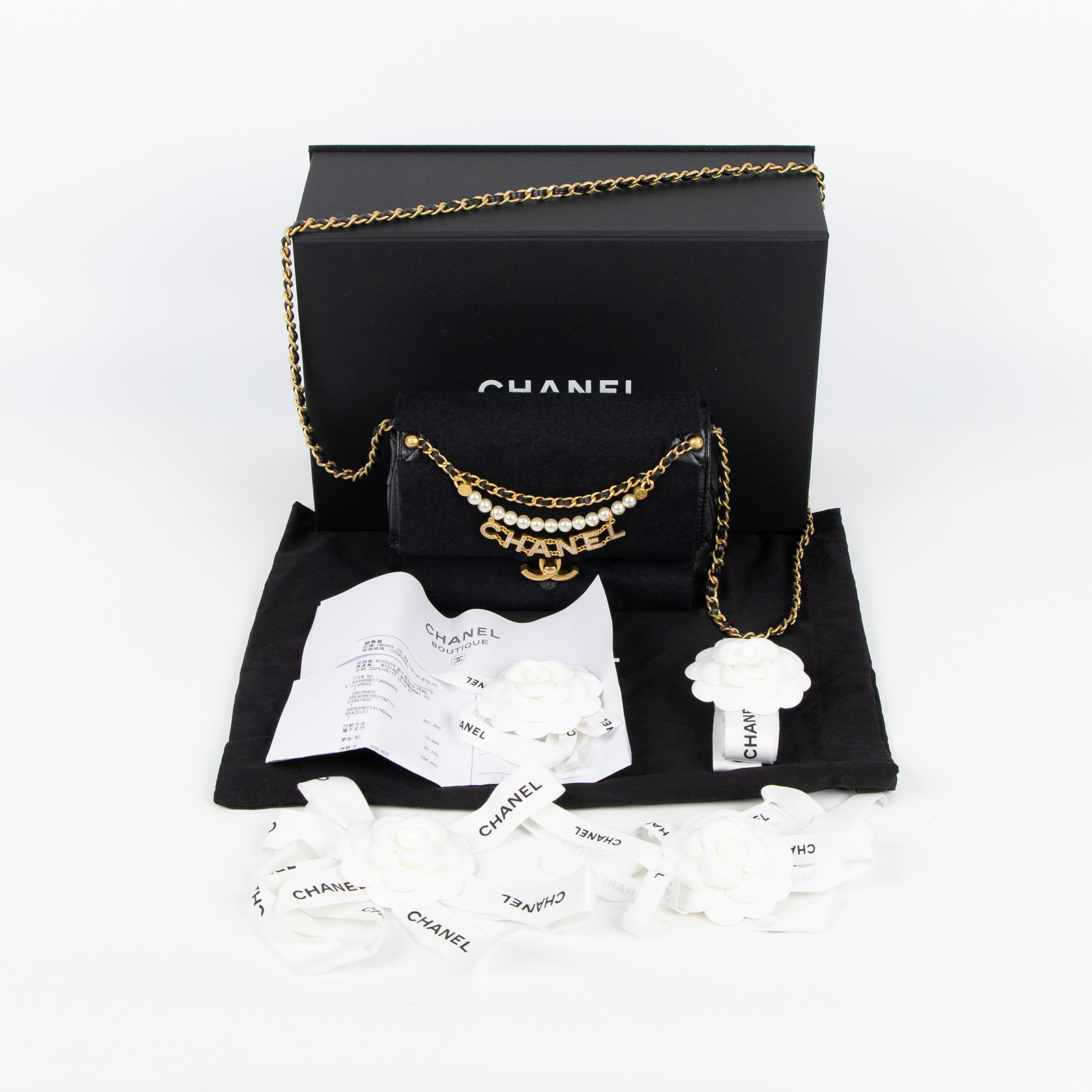 香奈兒 CHANEL 24A CF 珍珠鏈 鑽石logo鏈條 肩背包 口蓋包 黑金 羊皮 斜挎 單肩 黑色 AS4986 B17360 黑珍珠鍊COCO20 　邊角擦傷 原廠盒子/防塵袋