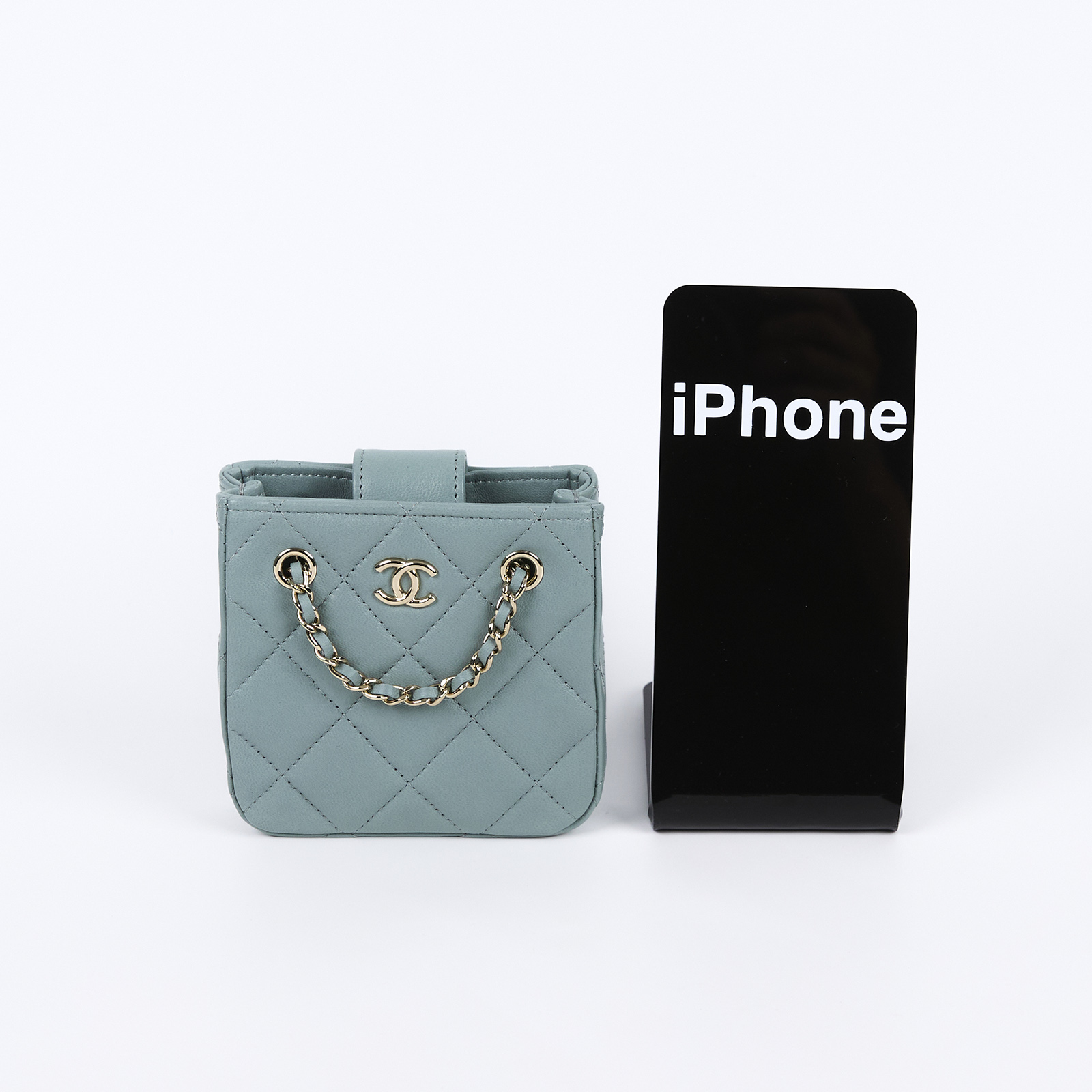 香奈兒 CHANEL 荔枝皮 肩背 斜背 水桶包 AS3176 31開灰綠迷你小廢包 防塵袋/保證卡