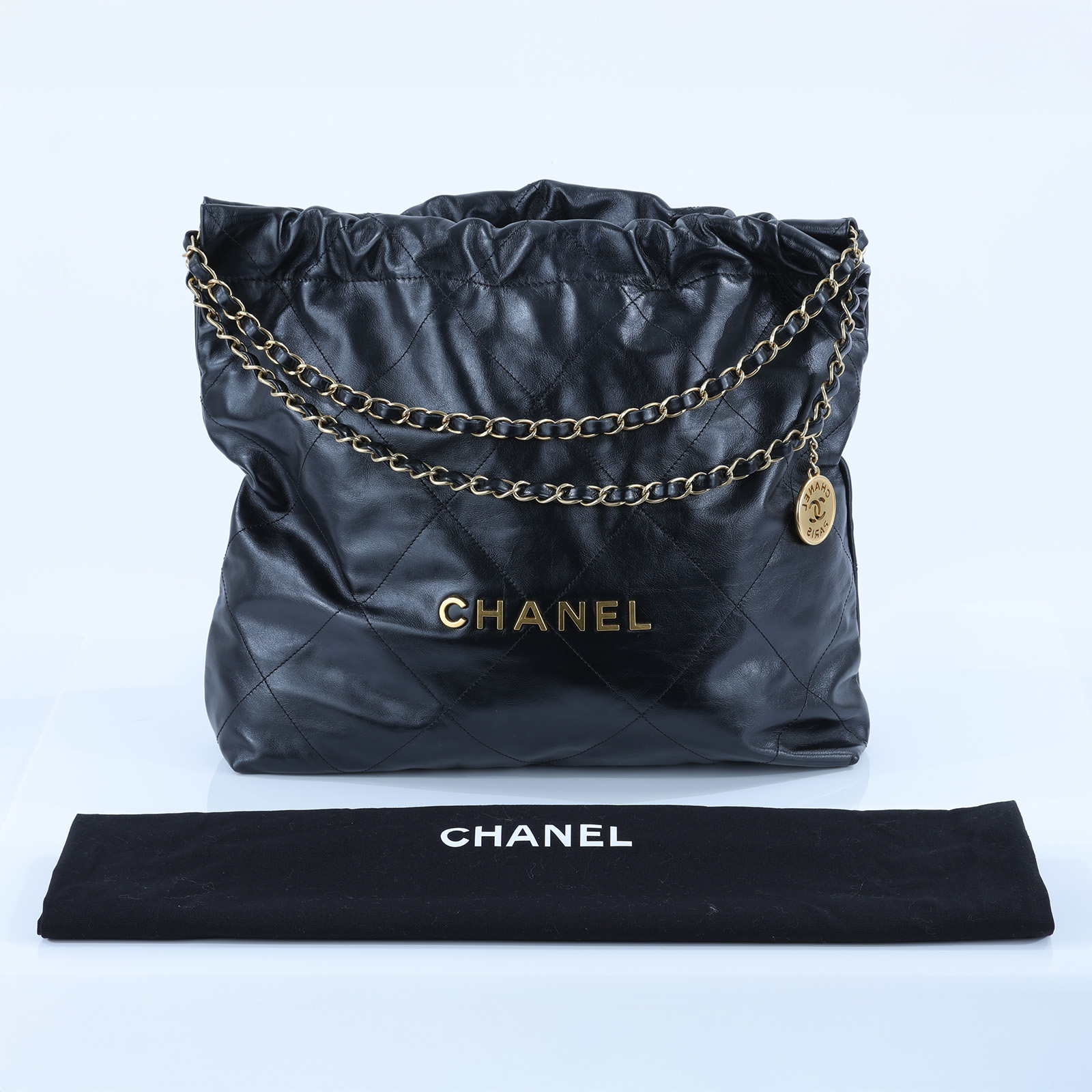 香奈兒 CHANEL 22 中型 束口包 AS3261 晶片款 黑金22號 中號 　有髒汙 防塵袋