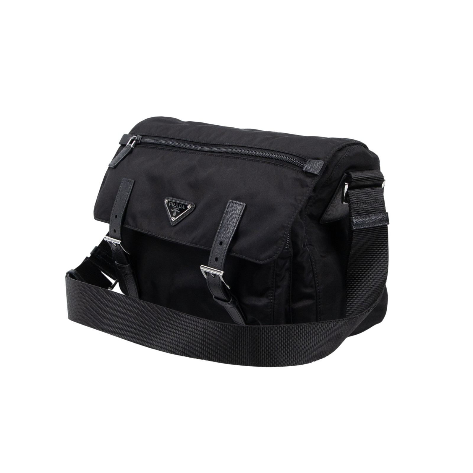 普拉達 PRADA Re-Nylon Saffiano 皮革 肩背袋 2VD768_2DMH 黑尼龍郵差包 防塵袋