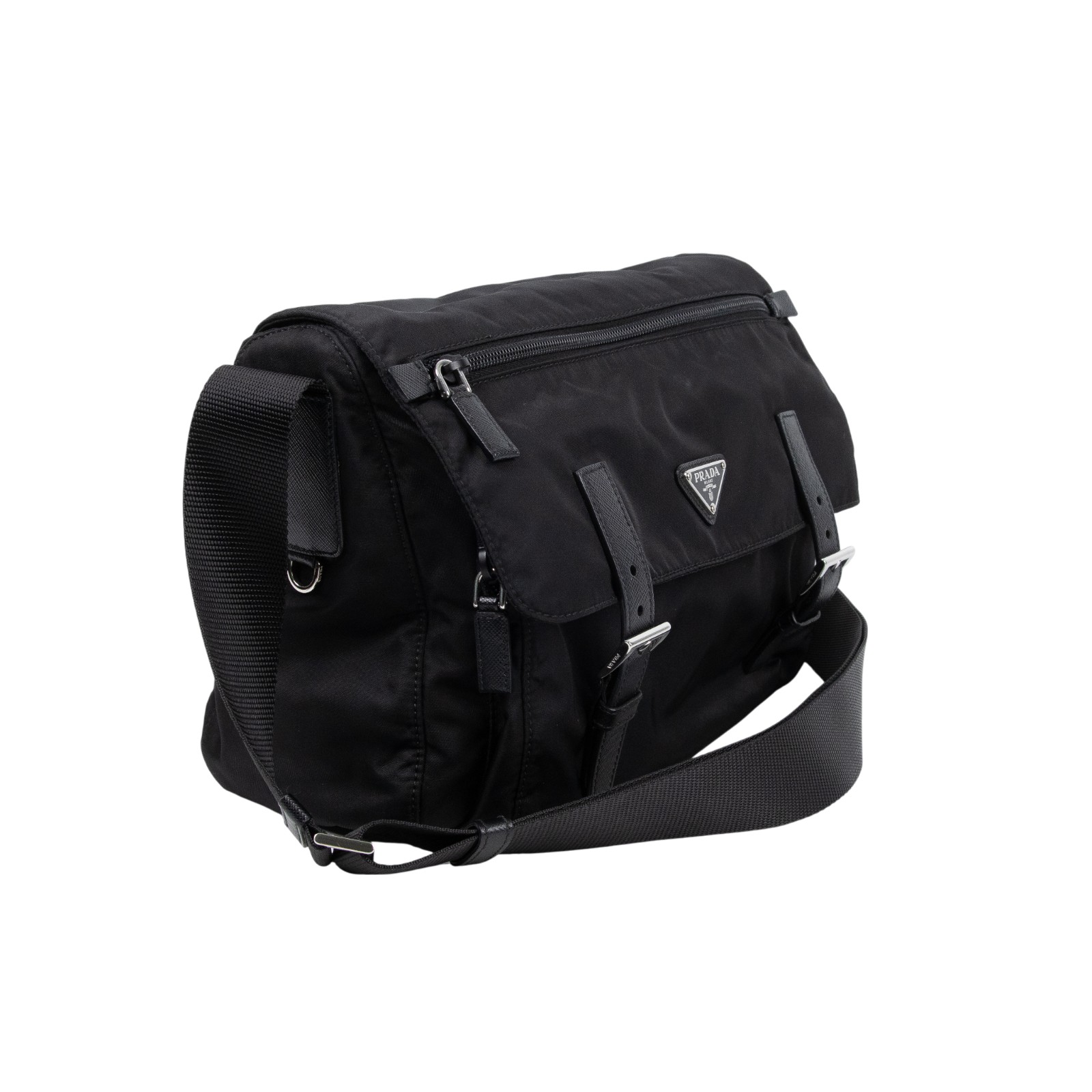 普拉達 PRADA Re-Nylon Saffiano 皮革 肩背袋 2VD768_2DMH 黑尼龍郵差包 防塵袋