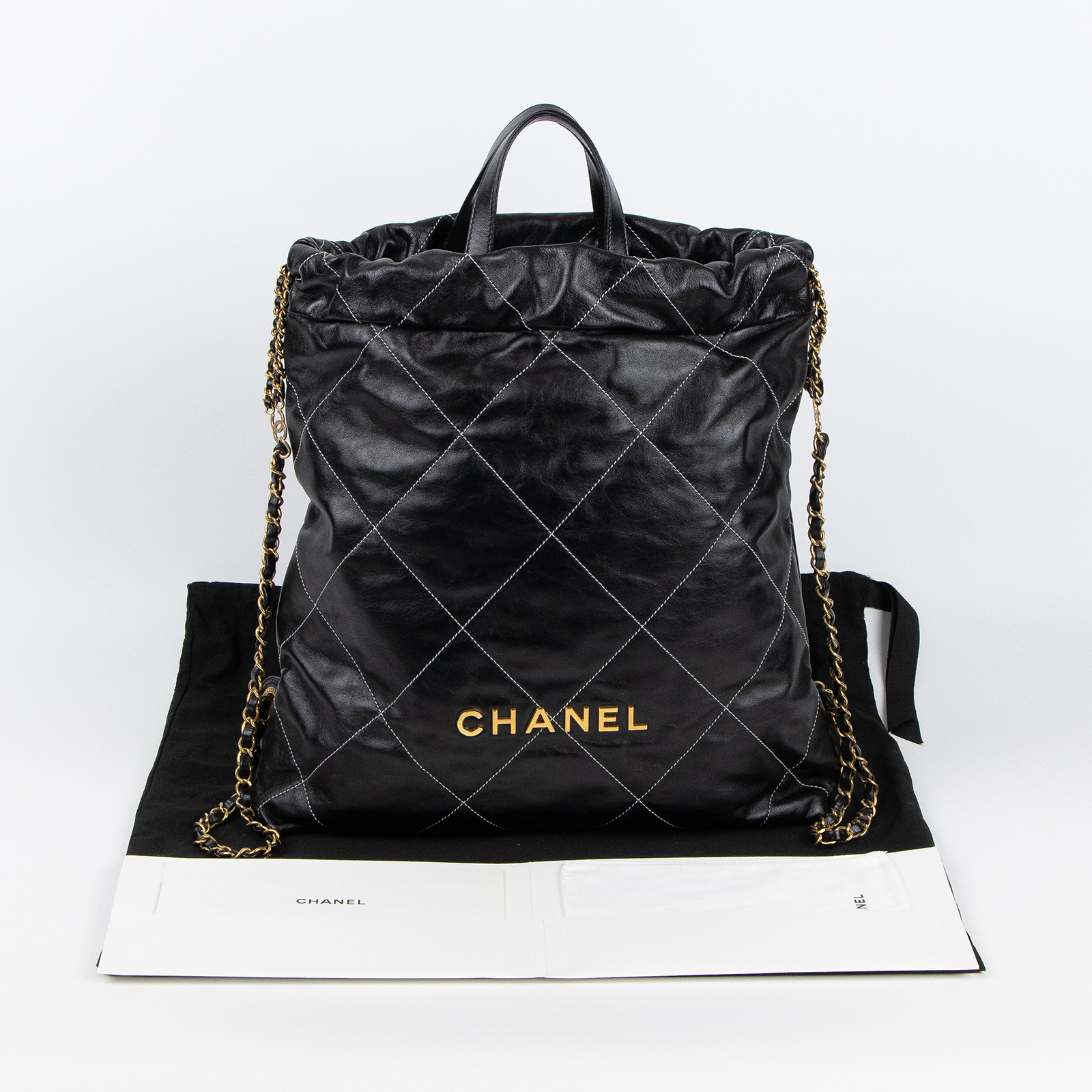 香奈兒 CHANEL 22 皮穿鍊 後背包 AS3859 晶片款 黑22後背包 縫線款 防塵袋