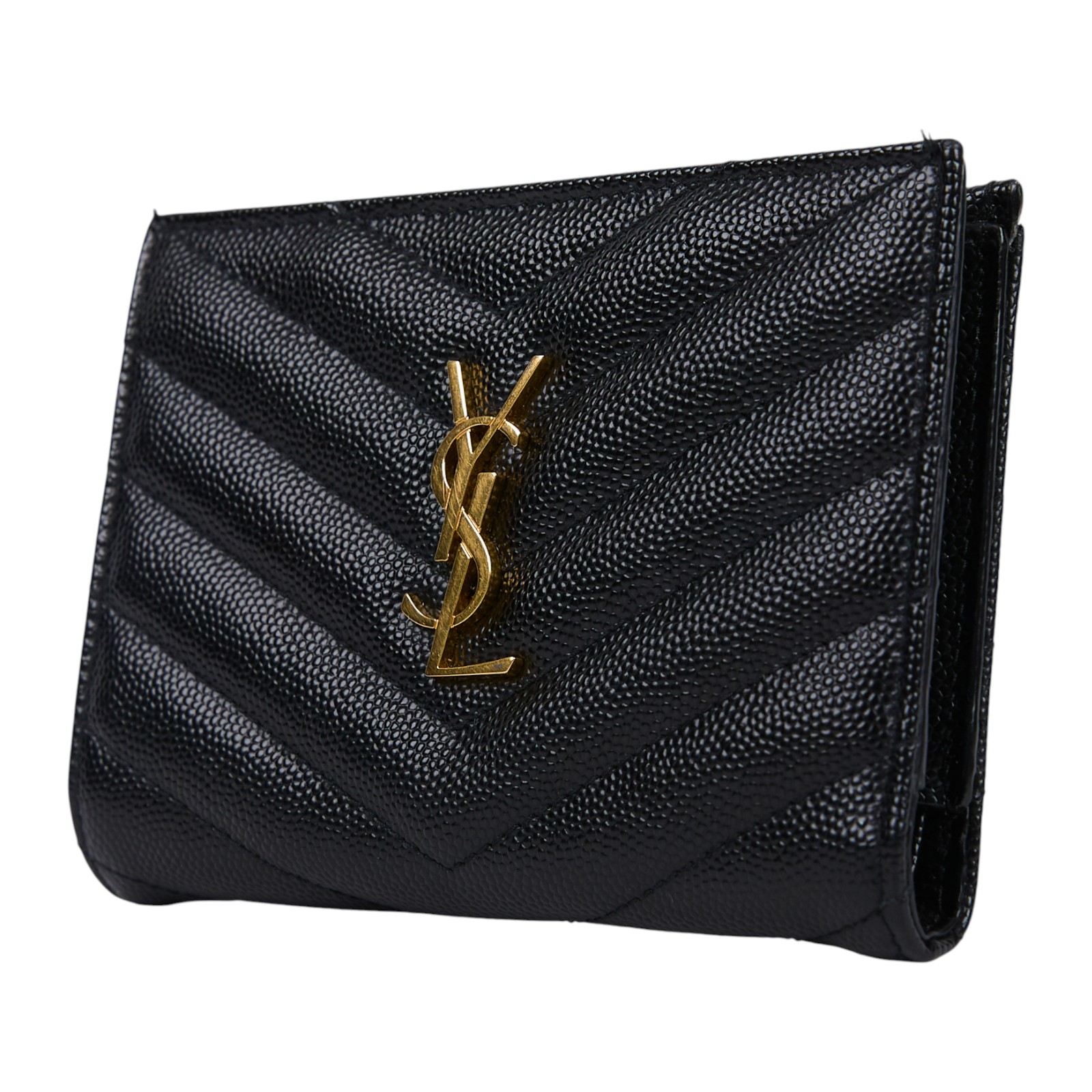 聖羅蘭 YSL SAINT LAURENT Monogram 粒面壓紋皮革 拉鏈 兩摺錢包 金色五金 668287BOW01  原廠盒子/防塵袋