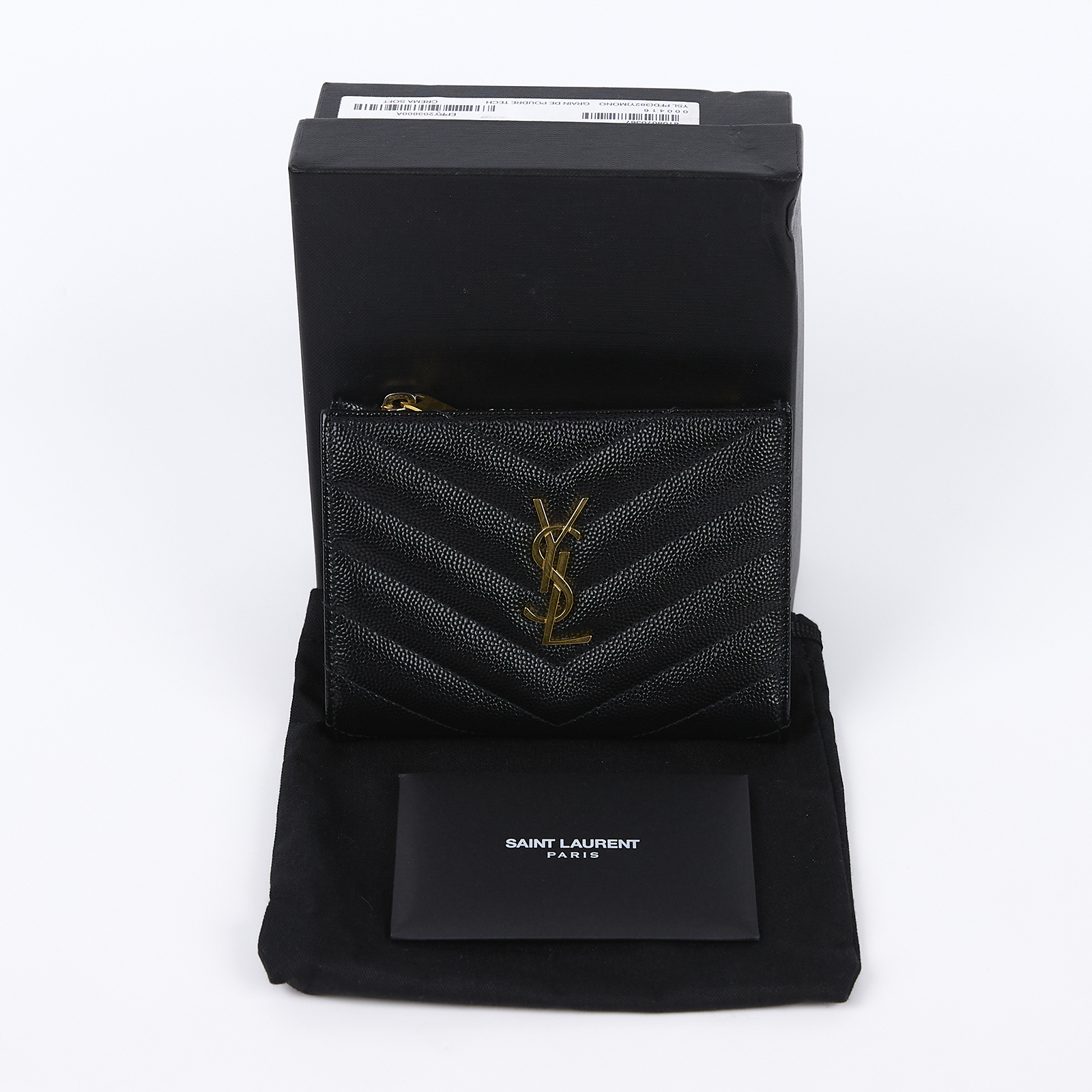 聖羅蘭 YSL SAINT LAURENT Monogram 粒面壓紋皮革 拉鏈 兩摺錢包 金色五金 668287BOW01  原廠盒子/防塵袋