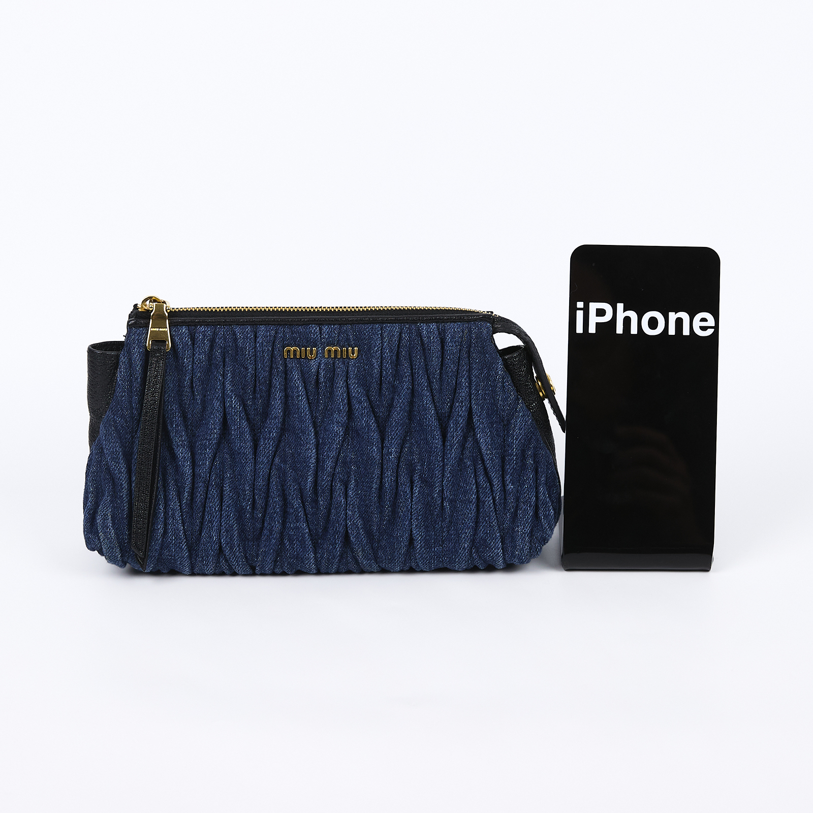 繆繆 MIU MIU Matelasse 牛仔皮革手拿包 5NE001_2ALH 丹寧皺褶手拿包 防塵袋/保證卡