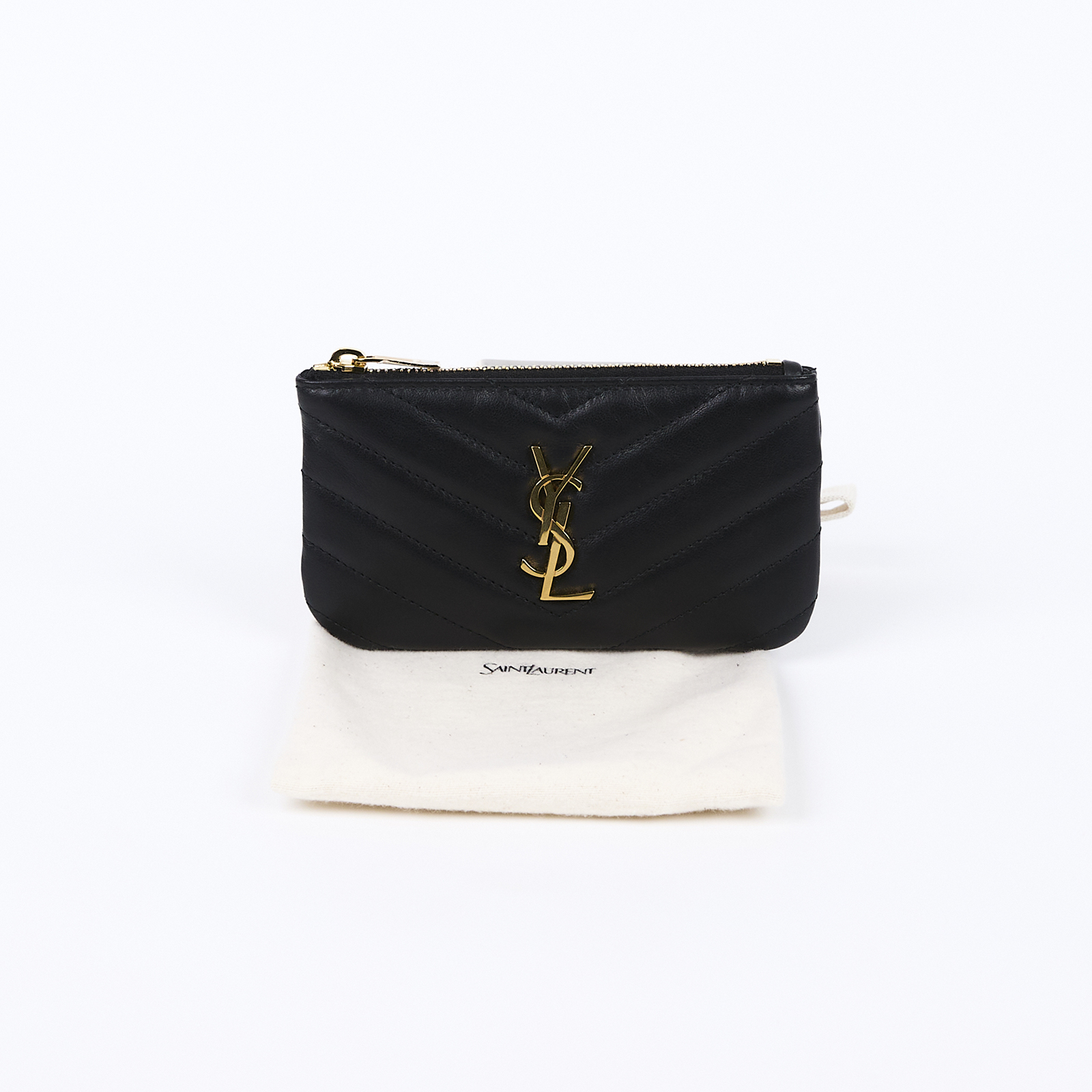 聖羅蘭 YSL SAINT LAURENT Monogram 絎縫皮革 鑰匙小袋 金色五金 438386CWU01 黑金鑰匙零錢包 防塵袋