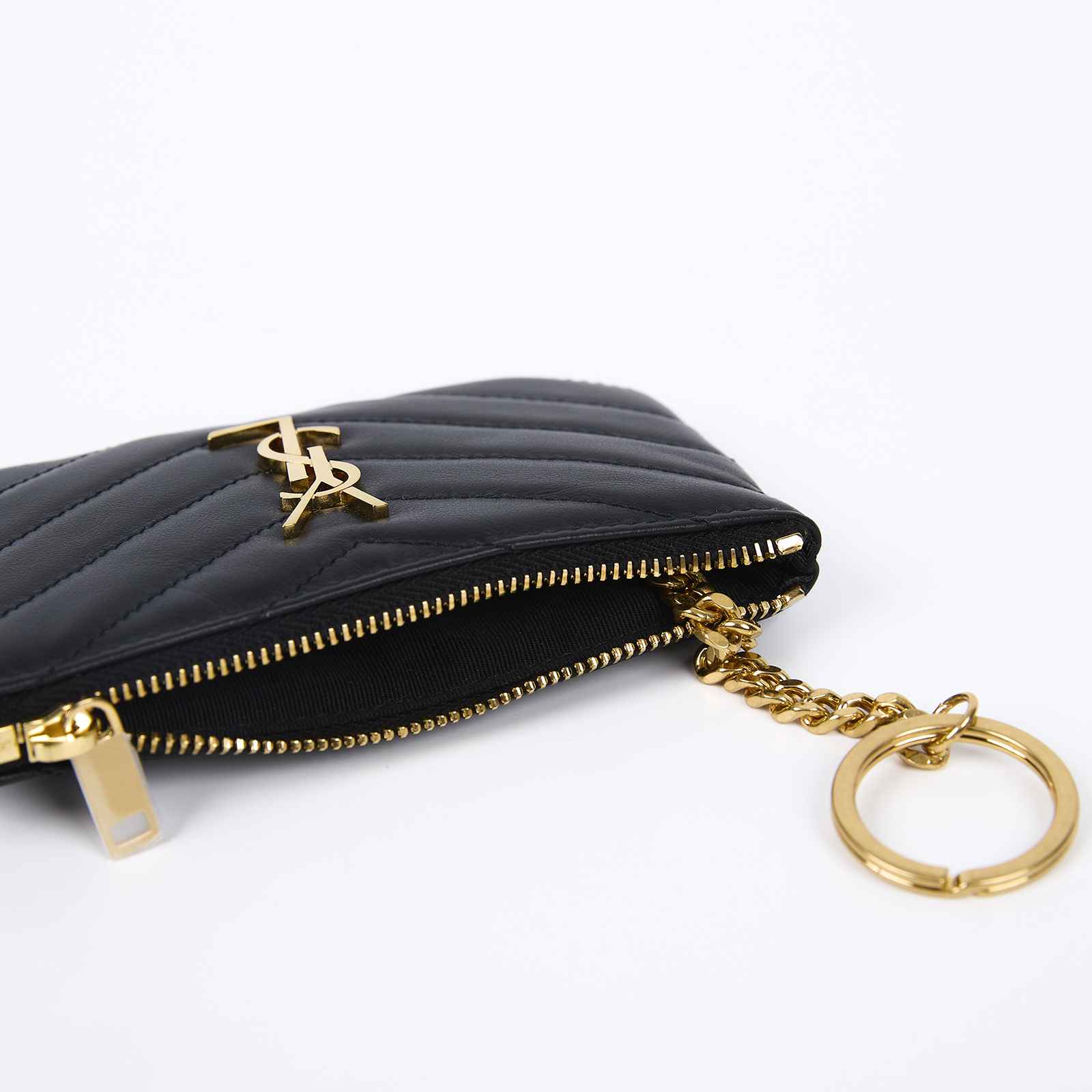 聖羅蘭 YSL SAINT LAURENT Monogram 絎縫皮革 鑰匙小袋 金色五金 438386CWU01 黑金鑰匙零錢包 防塵袋