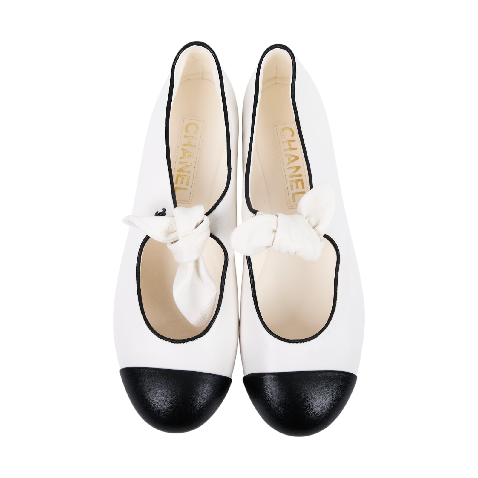 香奈兒 CHANEL CC 娃娃鞋 G46149_375 白黑邊平底鞋 防塵袋