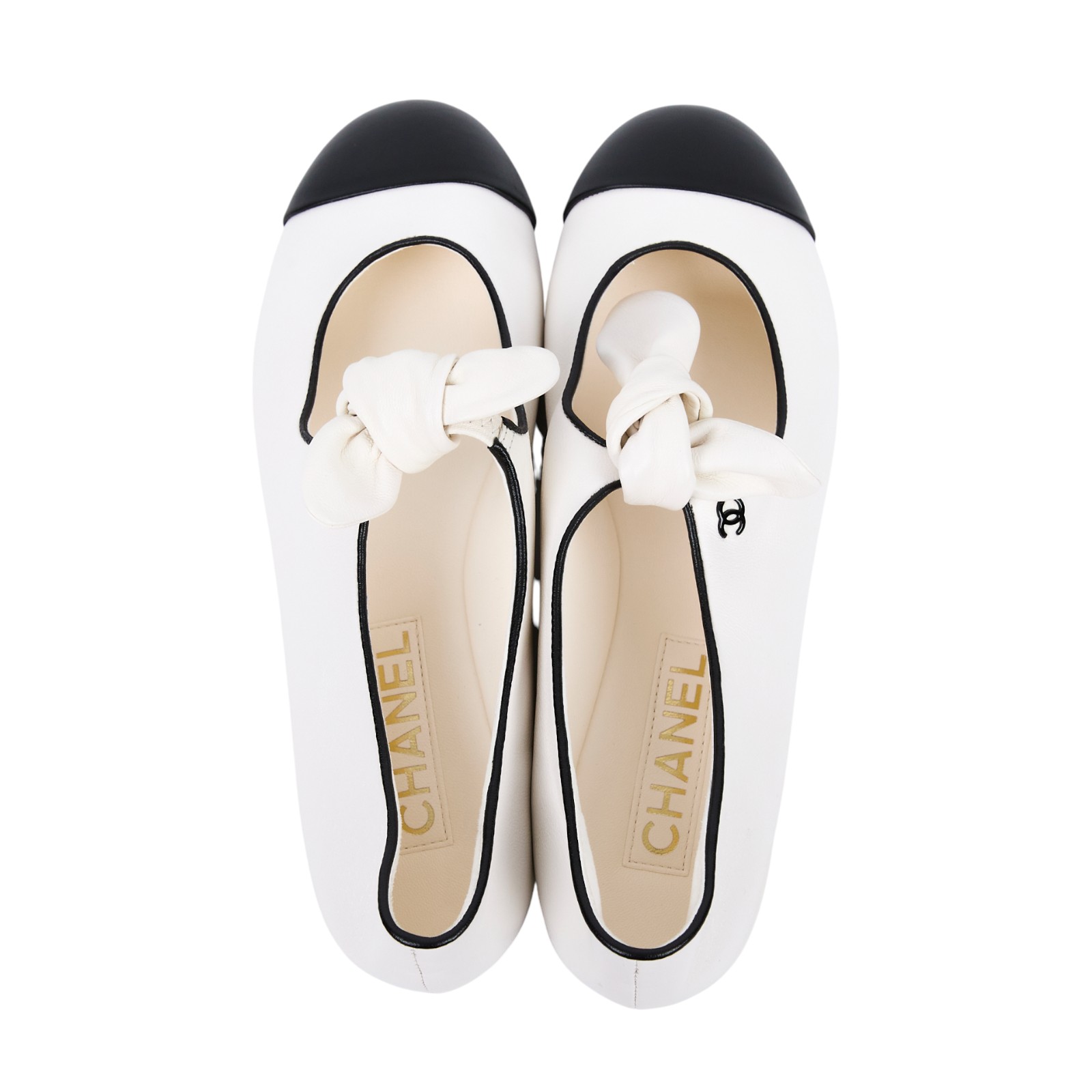 香奈兒 CHANEL CC 娃娃鞋 G46149_375 白黑邊平底鞋 防塵袋