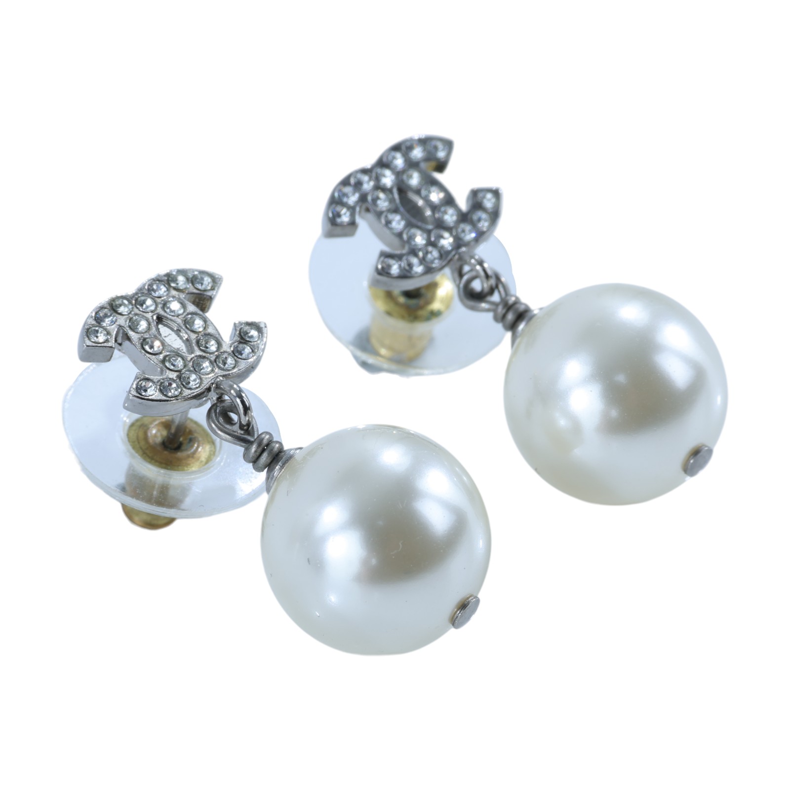 香奈兒 CHANEL CC 珍珠 耳釘 耳環 A36138A36138/A23V/F 銀色珍珠水鑽雙C垂墜耳環 原廠盒子/內襯