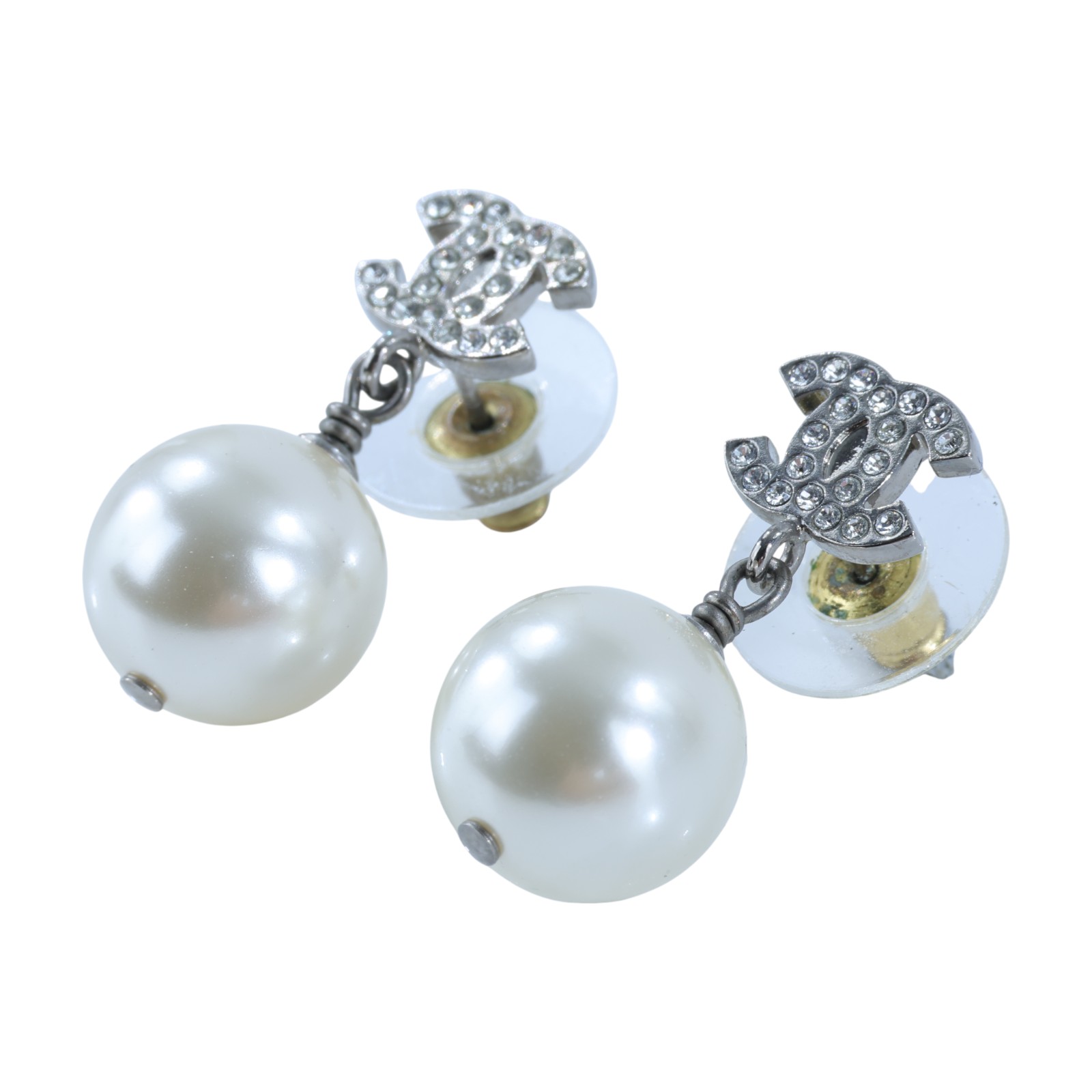 香奈兒 CHANEL CC 珍珠 耳釘 耳環 A36138A36138/A23V/F 銀色珍珠水鑽雙C垂墜耳環 原廠盒子/內襯