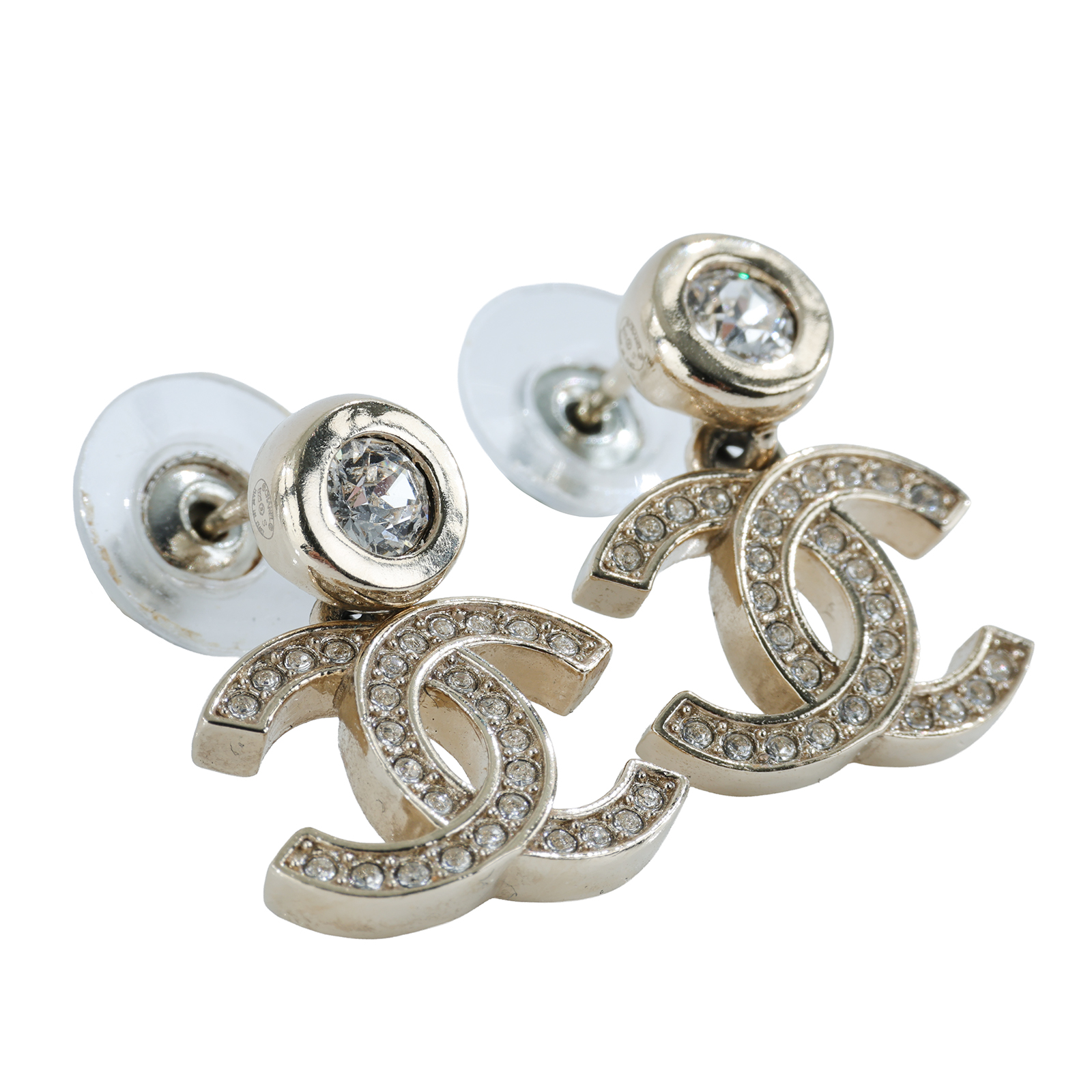 香奈兒 CHANEL CC LOGO 耳環 耳釘 B25 S 金色水鑽垂墜耳環 原廠盒子/內襯