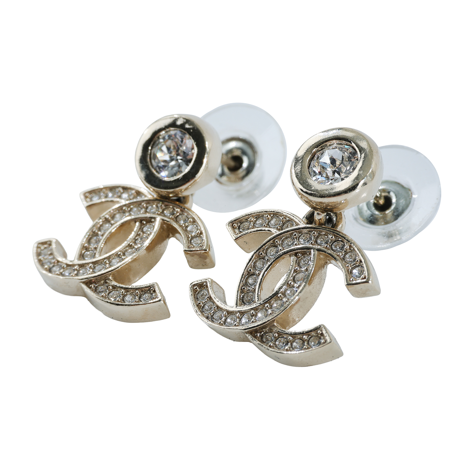 香奈兒 CHANEL CC LOGO 耳環 耳釘 B25 S 金色水鑽垂墜耳環 原廠盒子/內襯