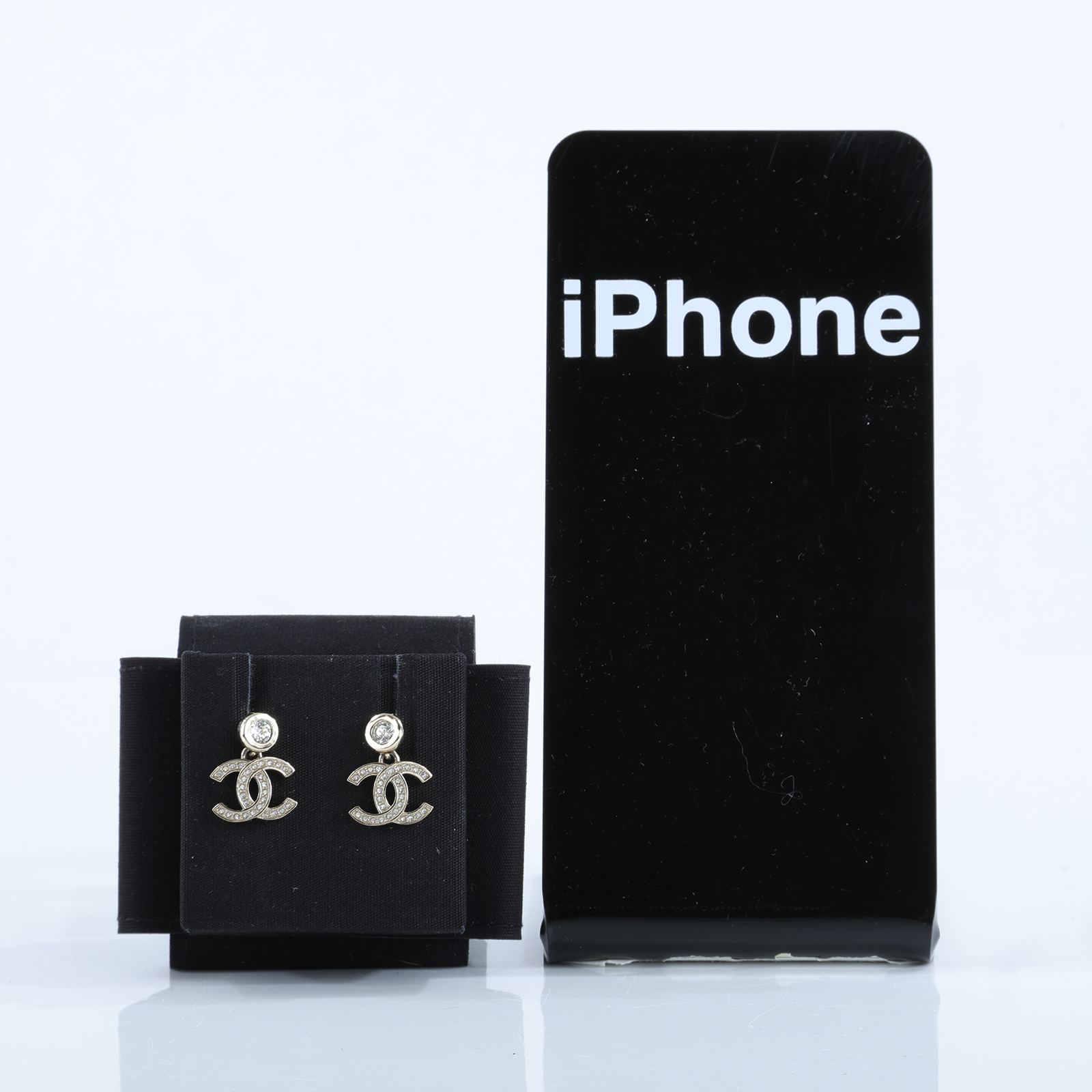 香奈兒 CHANEL CC LOGO 耳環 耳釘 B25 S 金色水鑽垂墜耳環 原廠盒子/內襯