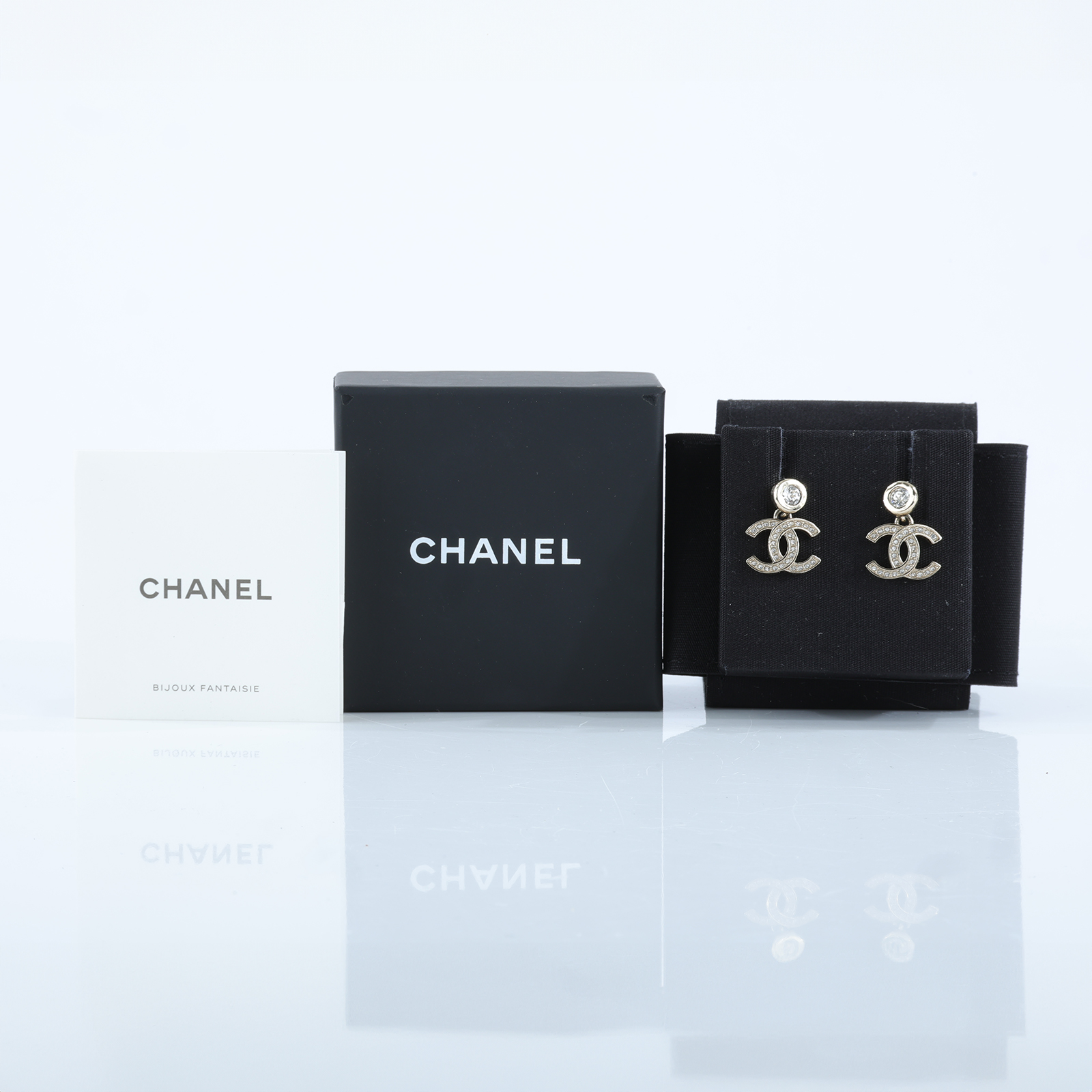 香奈兒 CHANEL CC LOGO 耳環 耳釘 B25 S 金色水鑽垂墜耳環 原廠盒子/內襯