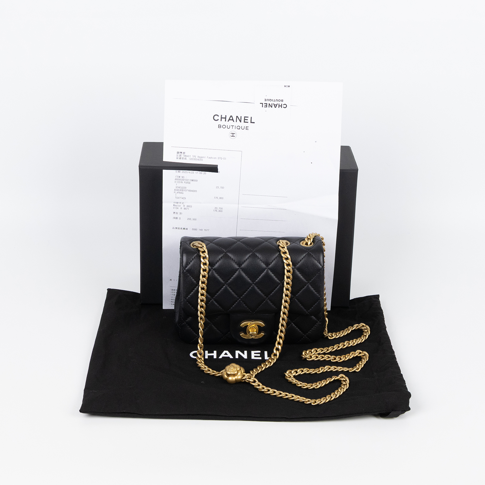 香奈兒 CHANEL CC logo 山茶花 方胖 口蓋包 AS4040 B10716 晶片款 黑金羊山茶花鍊方胖 原廠盒子/防塵袋/購買證明影本