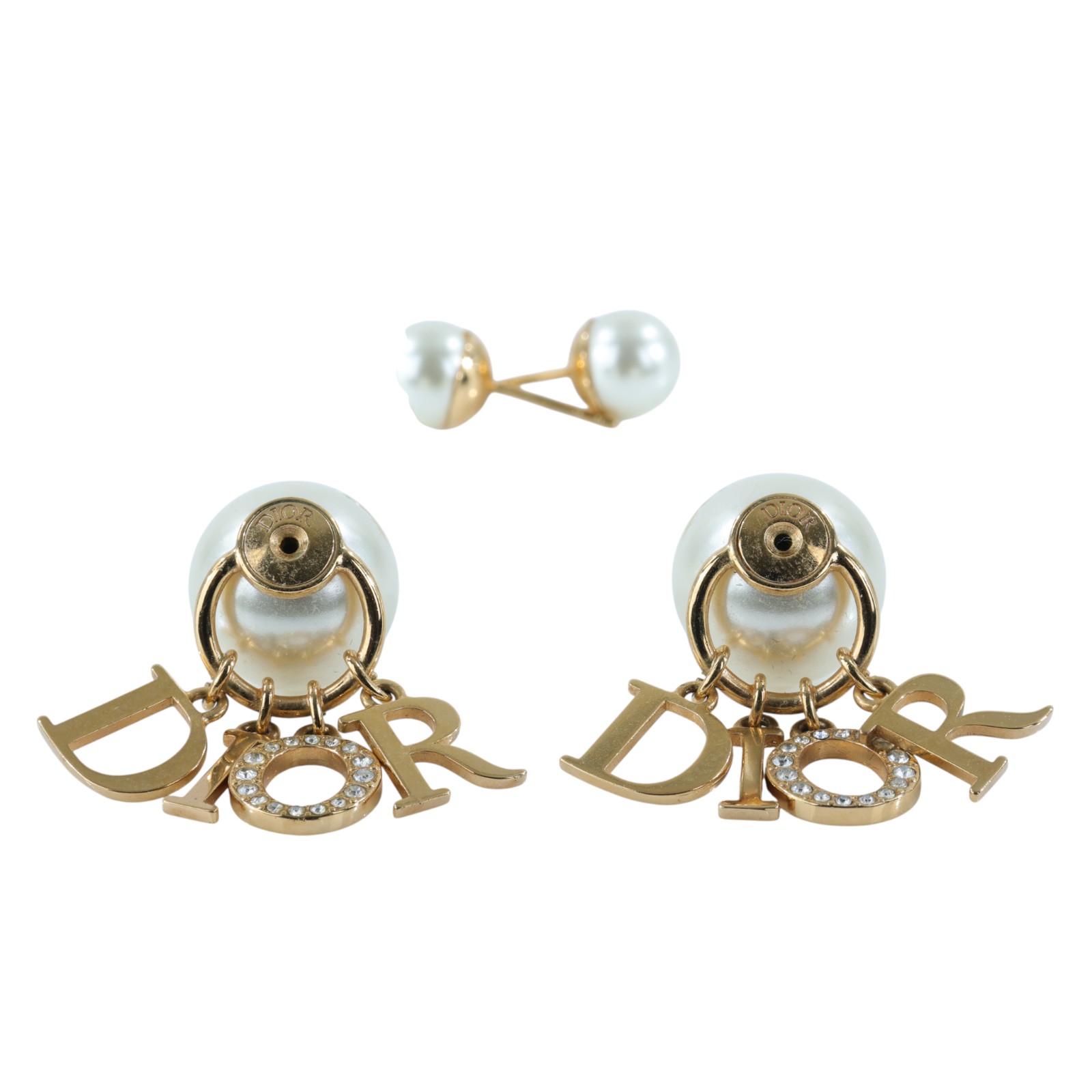 迪奧 CHRISTIAN DIOR Tribales 耳釘 E1411TRICY 金色珍珠LOGO耳環 防塵袋