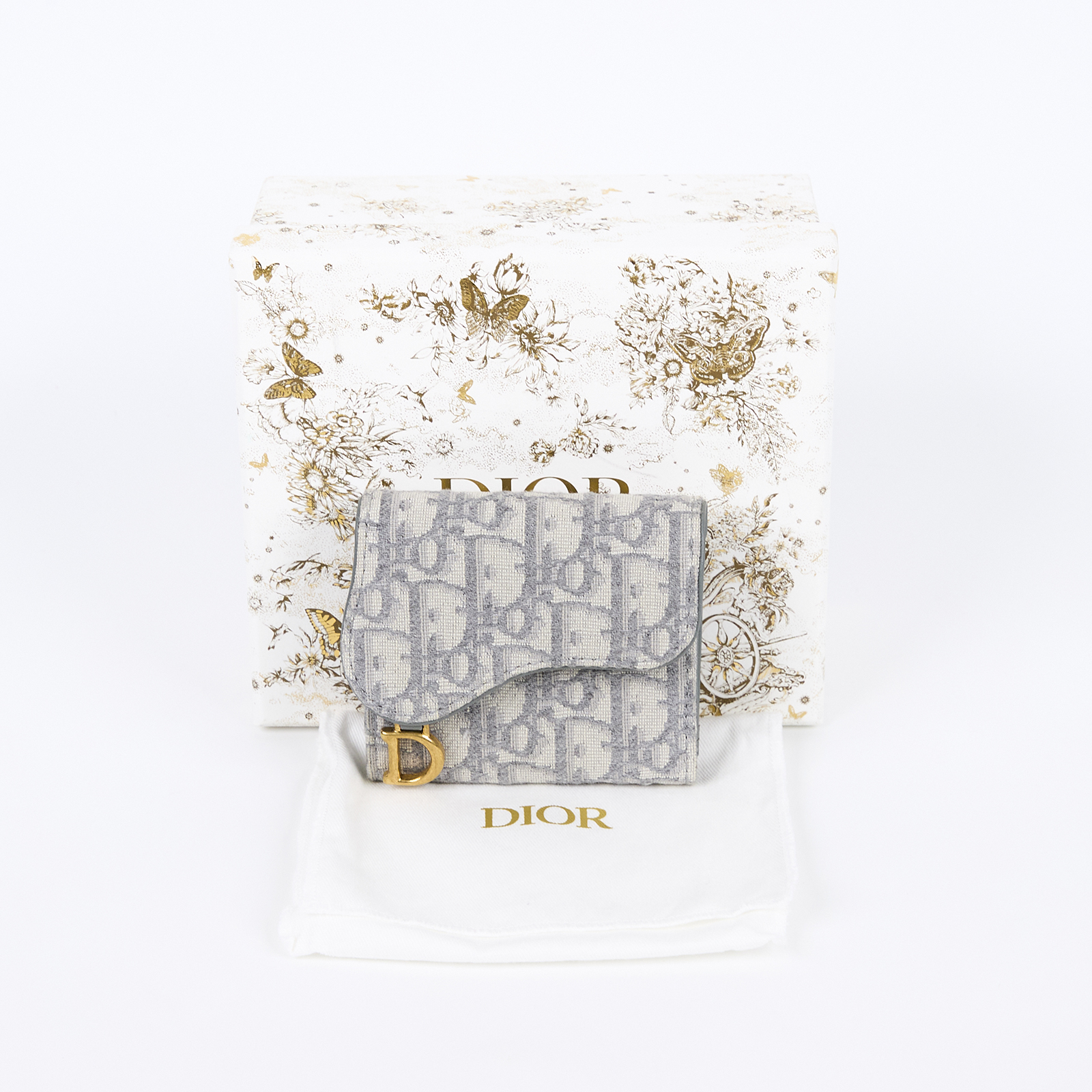 迪奧 CHRISTIAN DIOR Saddle Lotus 錢包 短夾 緹花 S5652CTZQ 緹花帆布三折短夾 原廠盒子/防塵袋