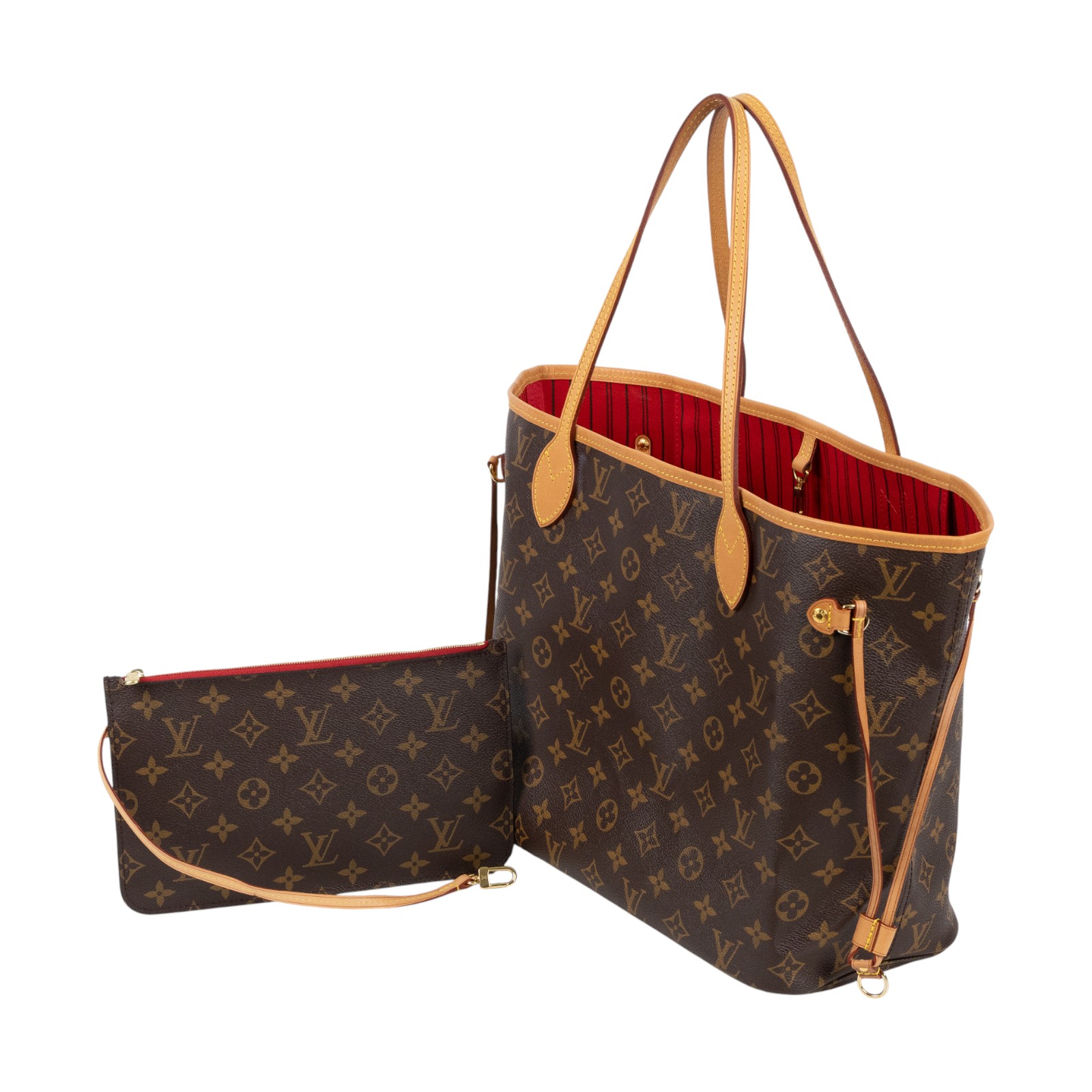 路易威登 LOUIS VUITTON Neverfull MM  經典帆布 肩背 購物袋 櫻桃紅內襯 M46987 晶片款  無附屬品