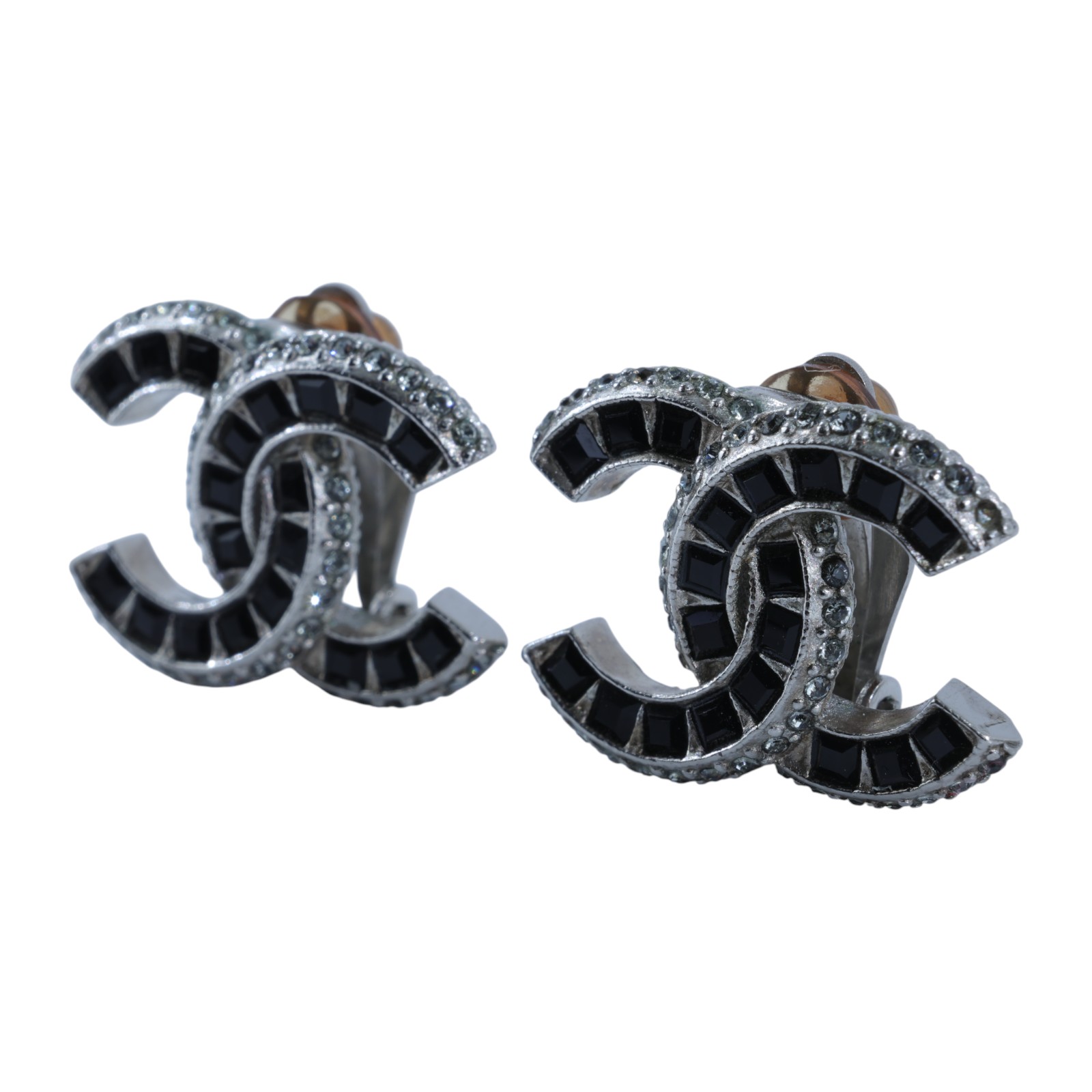 香奈兒 CHANEL CC LOGO 夾式 耳環 A15K 銀色黑石雙C夾式耳環 原廠盒子/內襯