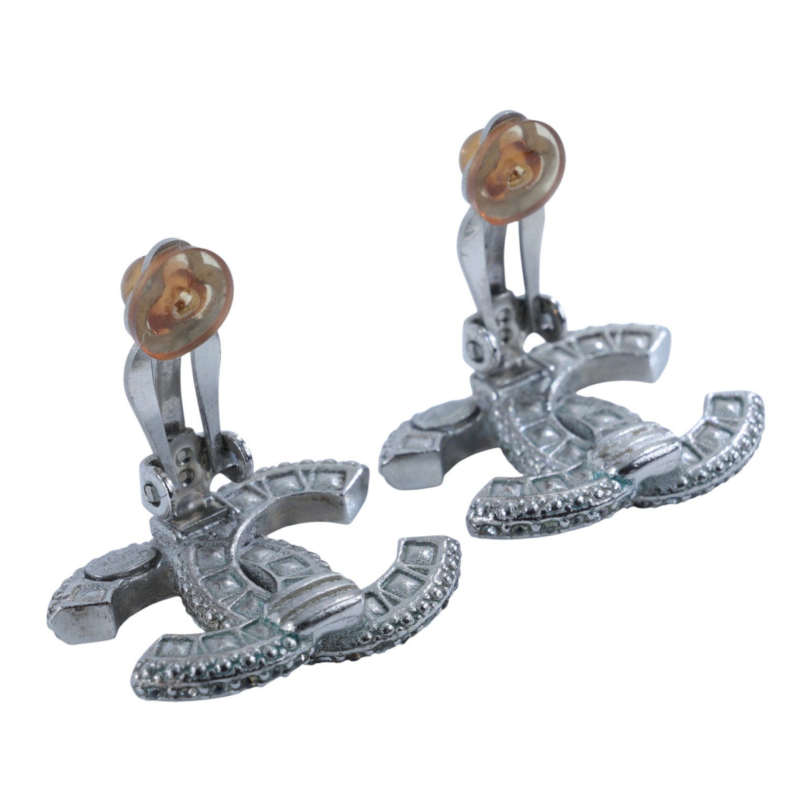 香奈兒 CHANEL CC LOGO 夾式 耳環 A15K 銀色黑石雙C夾式耳環 原廠盒子/內襯